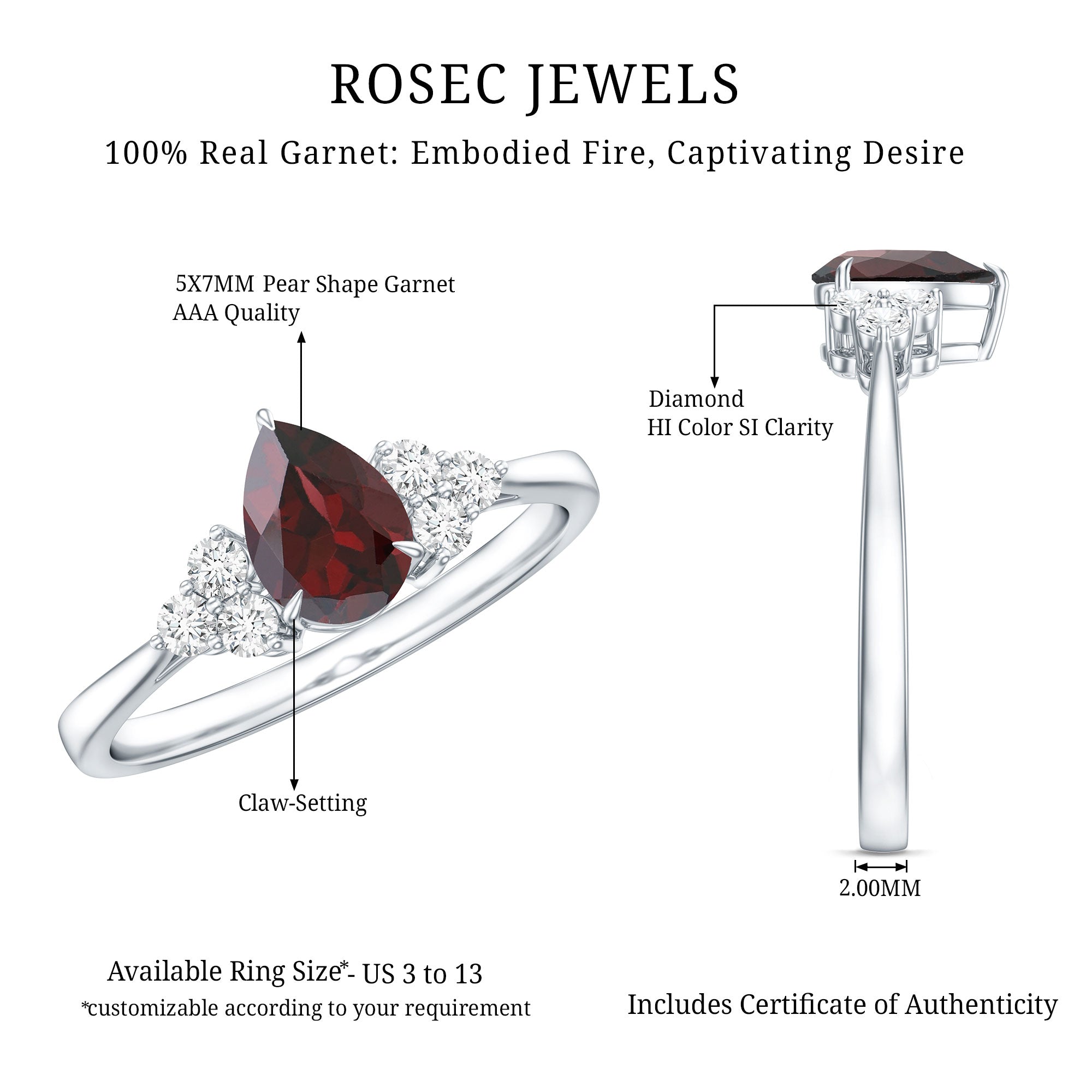 Natural 5X7mm Pear Shape Garnet Engagement Ring with Diamond AAA - Rosec Jewels