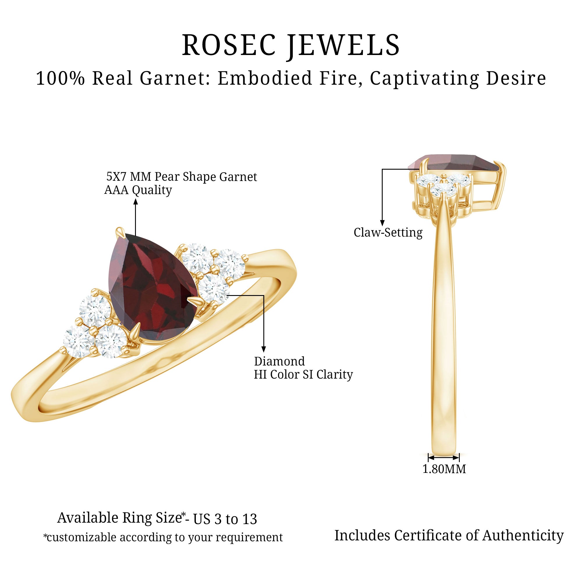Natural 5X7mm Pear Shape Garnet Engagement Ring with Diamond AAA - Rosec Jewels