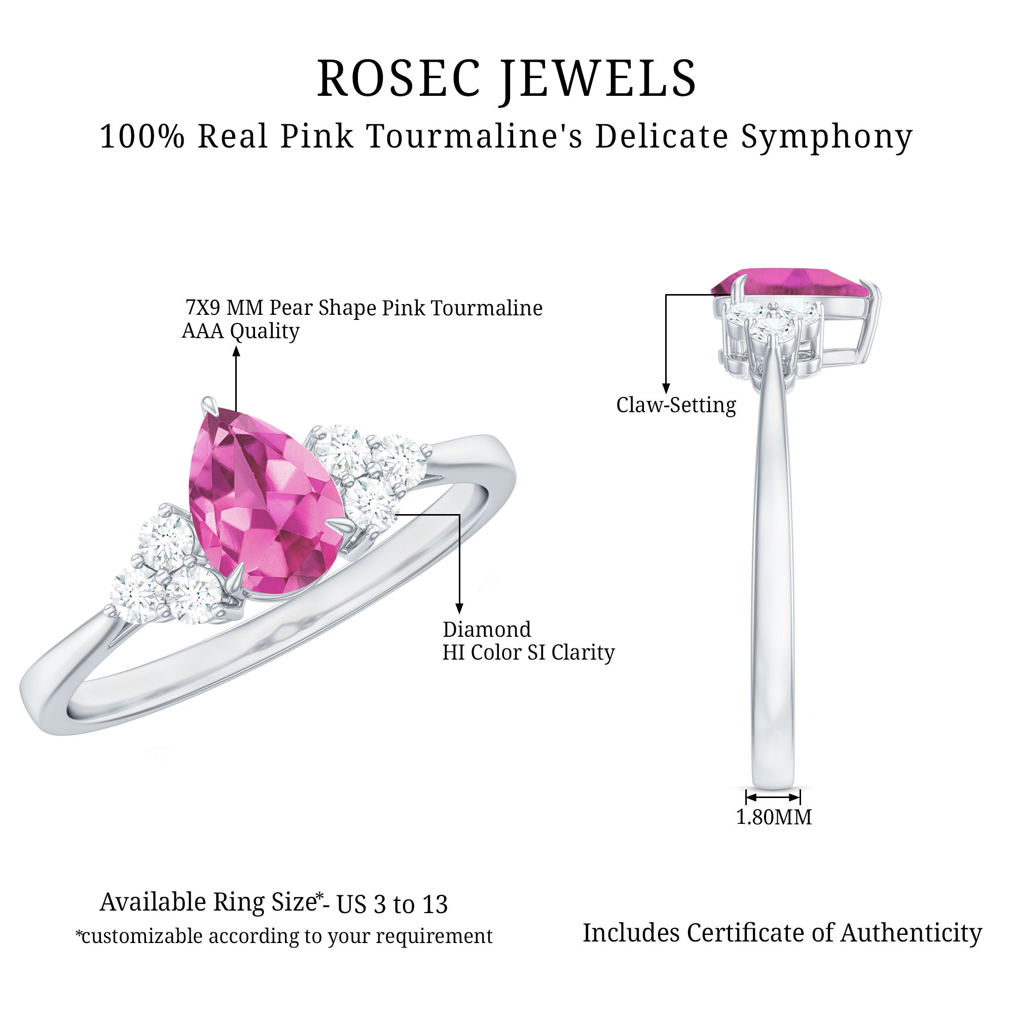 3/4 CT Natural Pink Tourmaline Teardrop Solitaire Ring with Diamond Trio AAA - Rosec Jewels