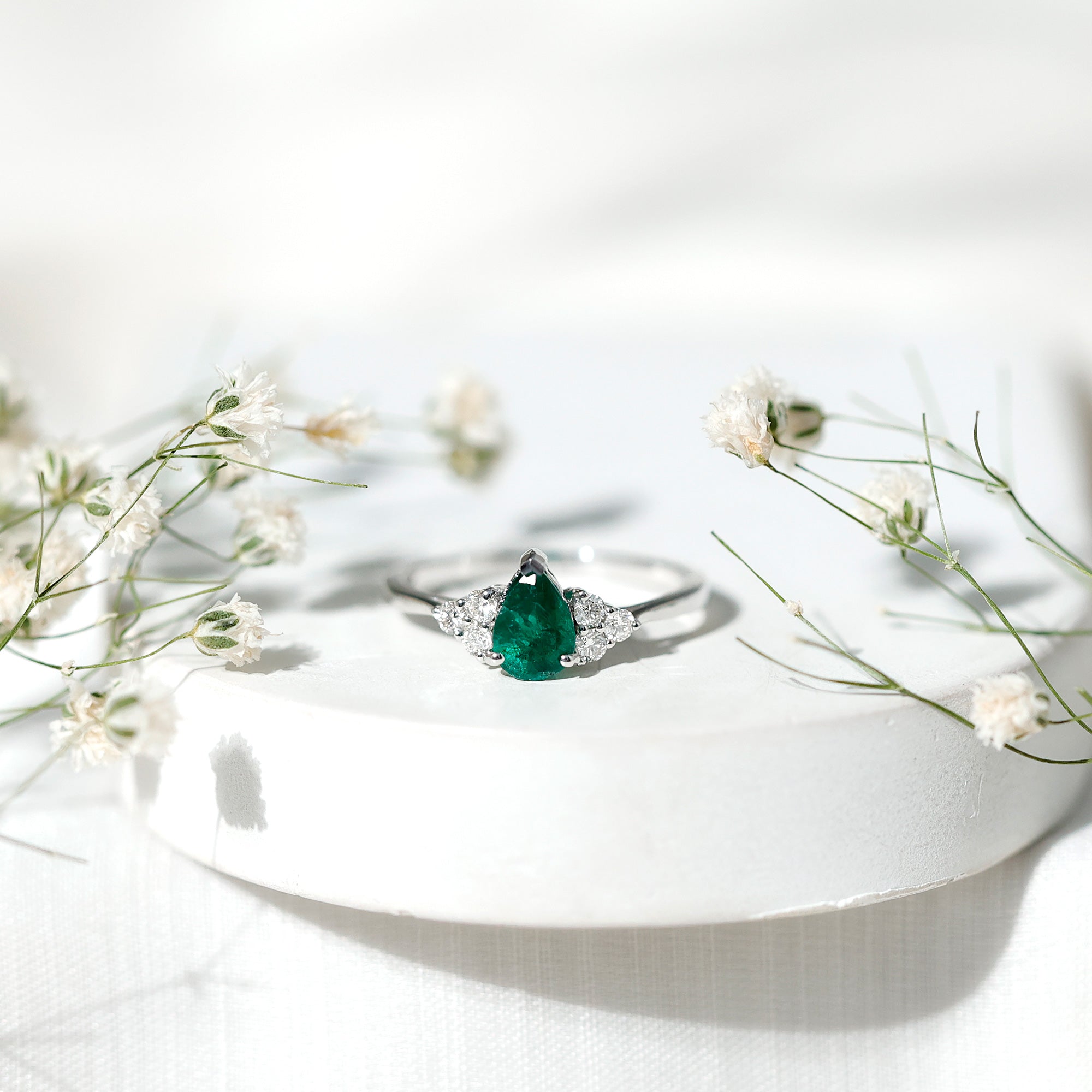5X7mm AAA Quality Pear Shape Emerald Solitaire Engagement Ring with Diamond Trio AAA - Rosec Jewels