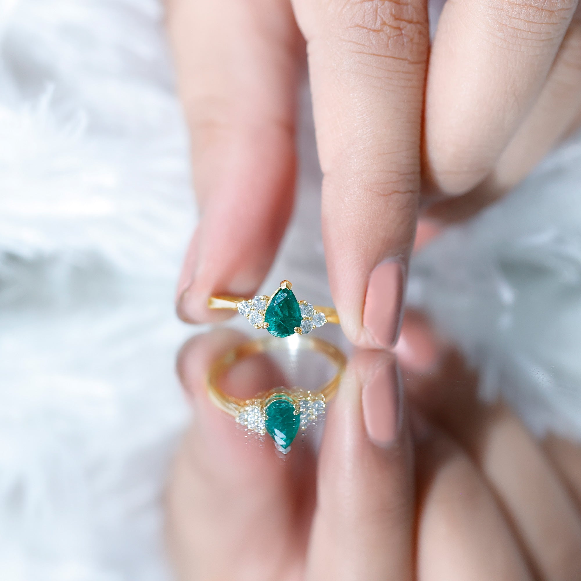 5X7mm AAA Quality Pear Shape Emerald Solitaire Engagement Ring with Diamond Trio AAA - Rosec Jewels