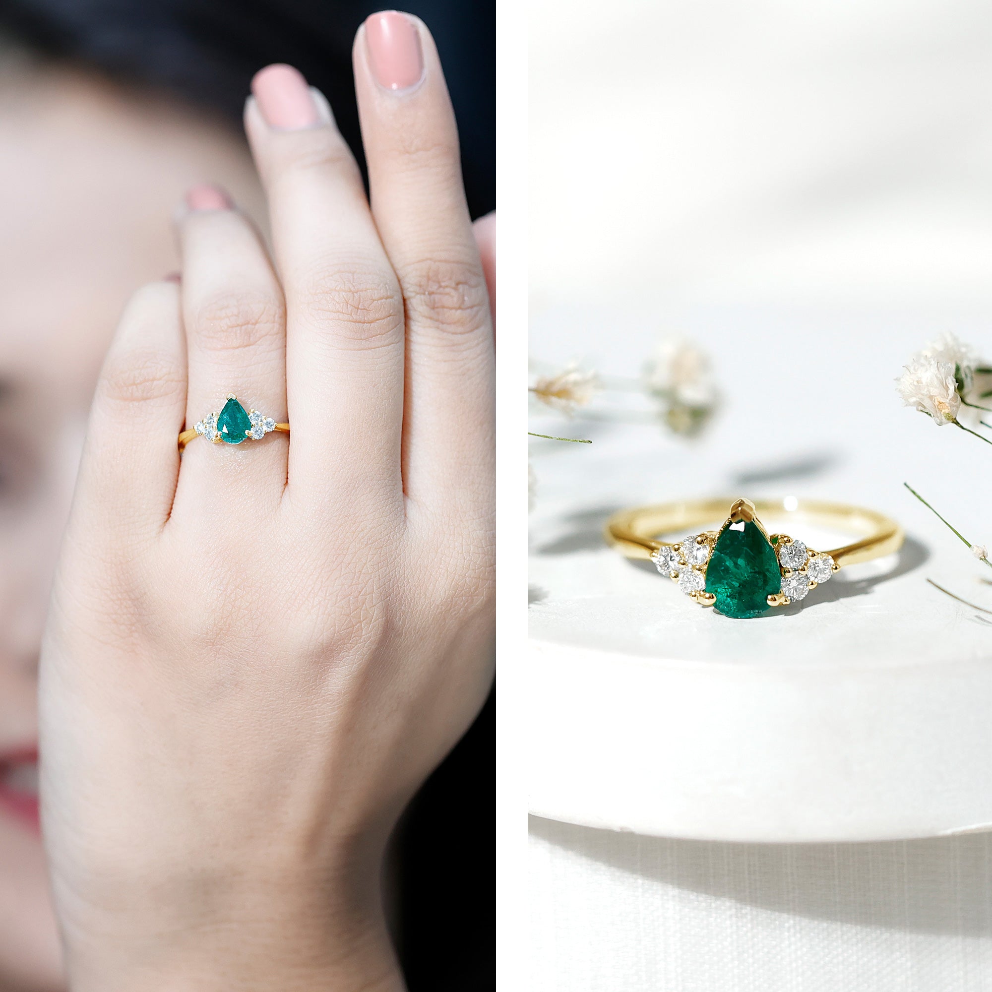 5X7mm AAA Quality Pear Shape Emerald Solitaire Engagement Ring with Diamond Trio AAA - Rosec Jewels