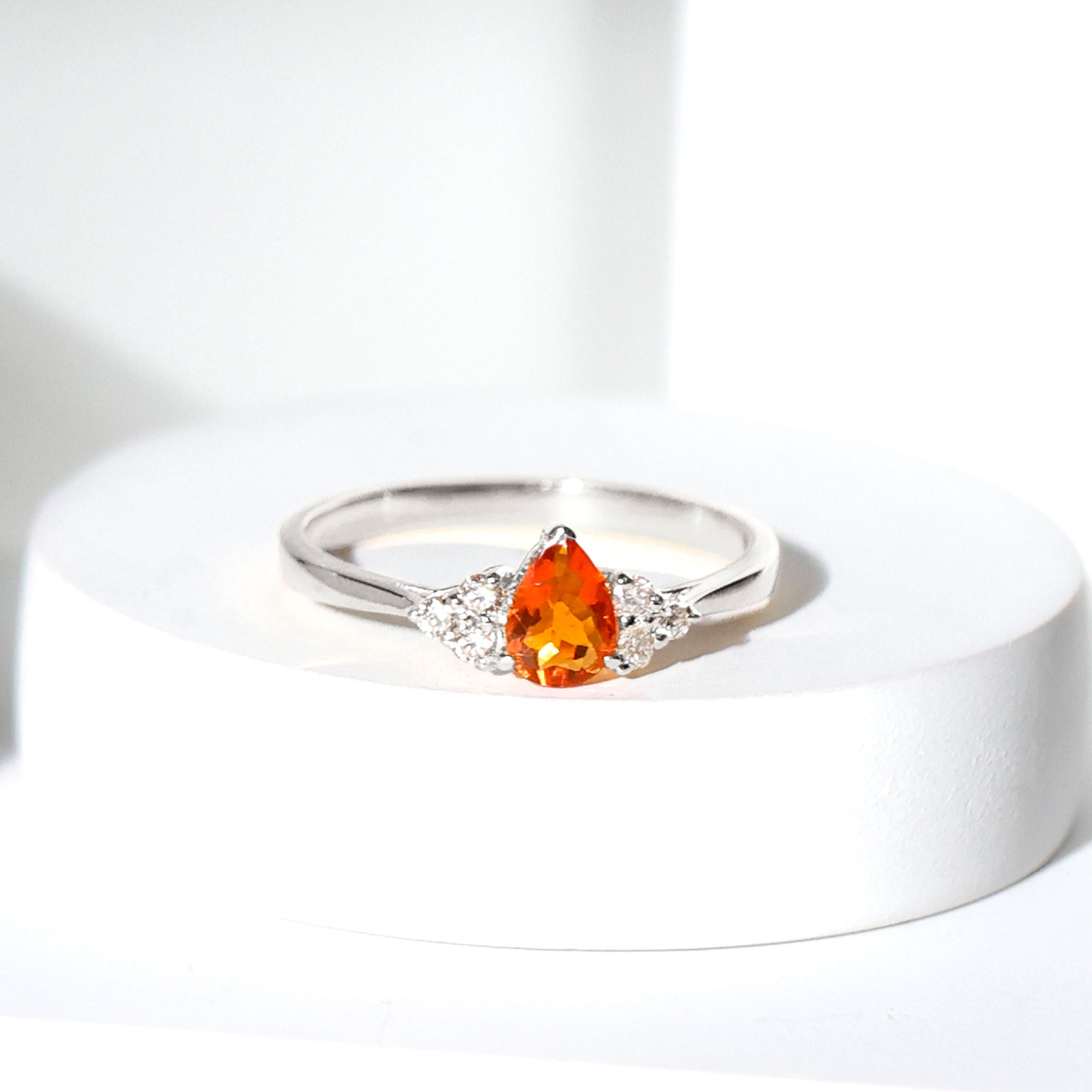 0.6 Carat Pear Shaped Fire Opal Engagement Ring with Diamond Trio AAA - Rosec Jewels