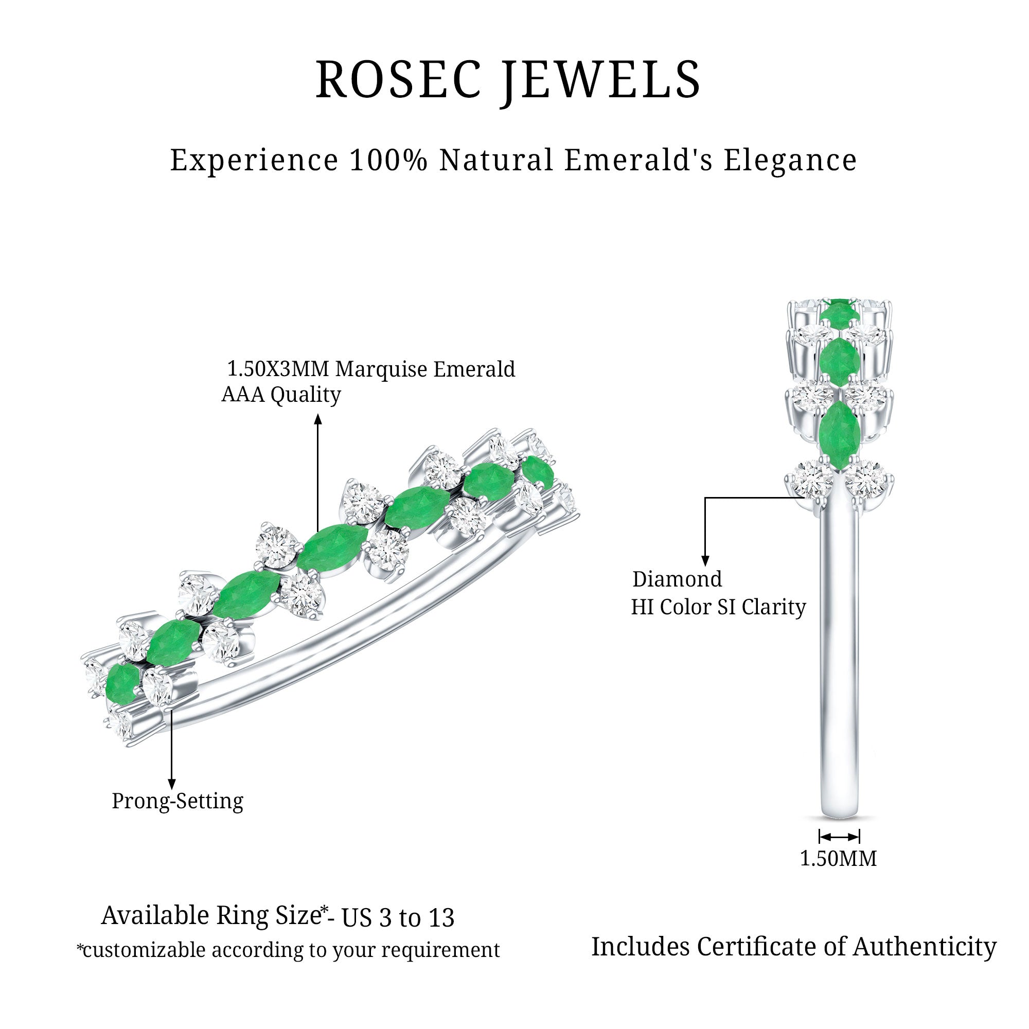 Genuine Emerald and Diamond Half Eternity Ring for Women AAA - Rosec Jewels