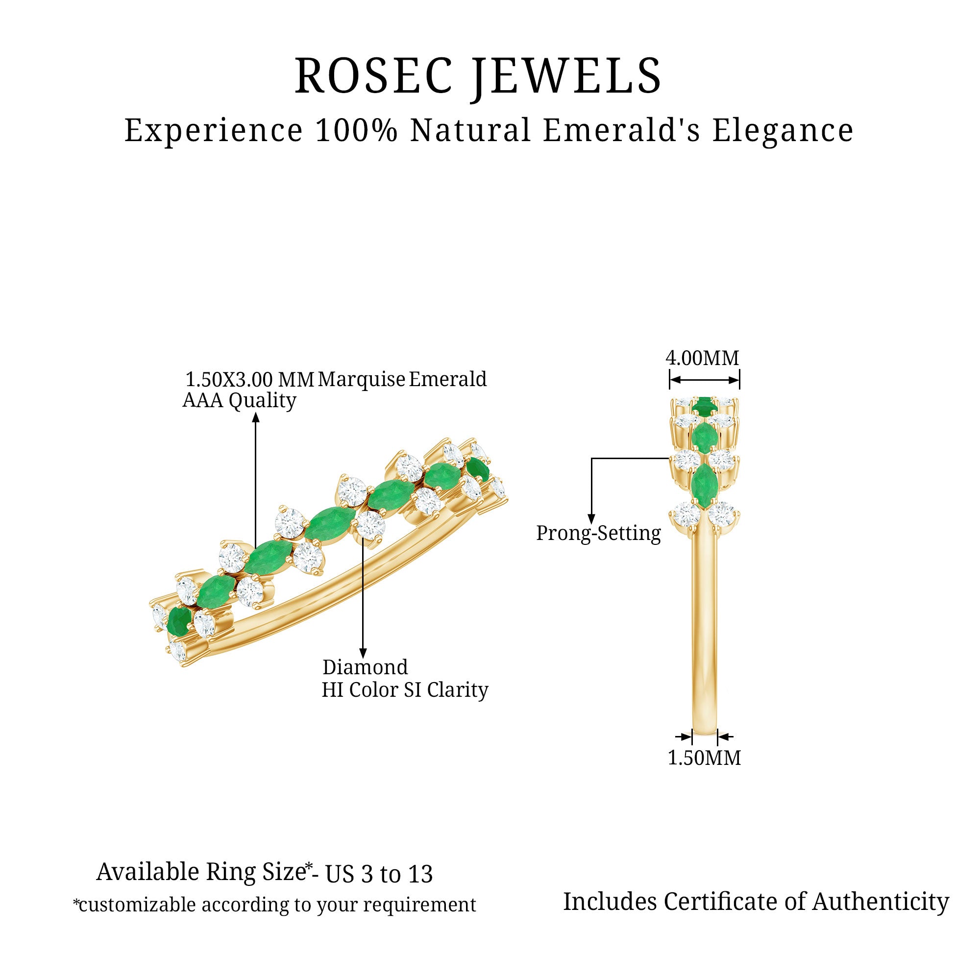 Genuine Emerald and Diamond Half Eternity Ring for Women AAA - Rosec Jewels