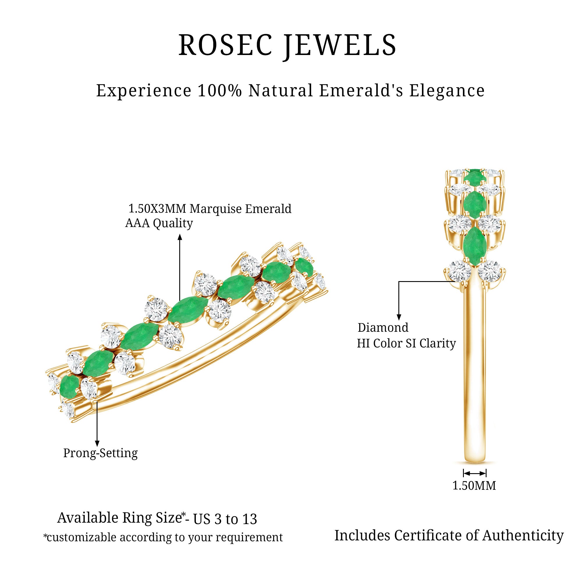 Genuine Emerald and Diamond Half Eternity Ring for Women AAA - Rosec Jewels