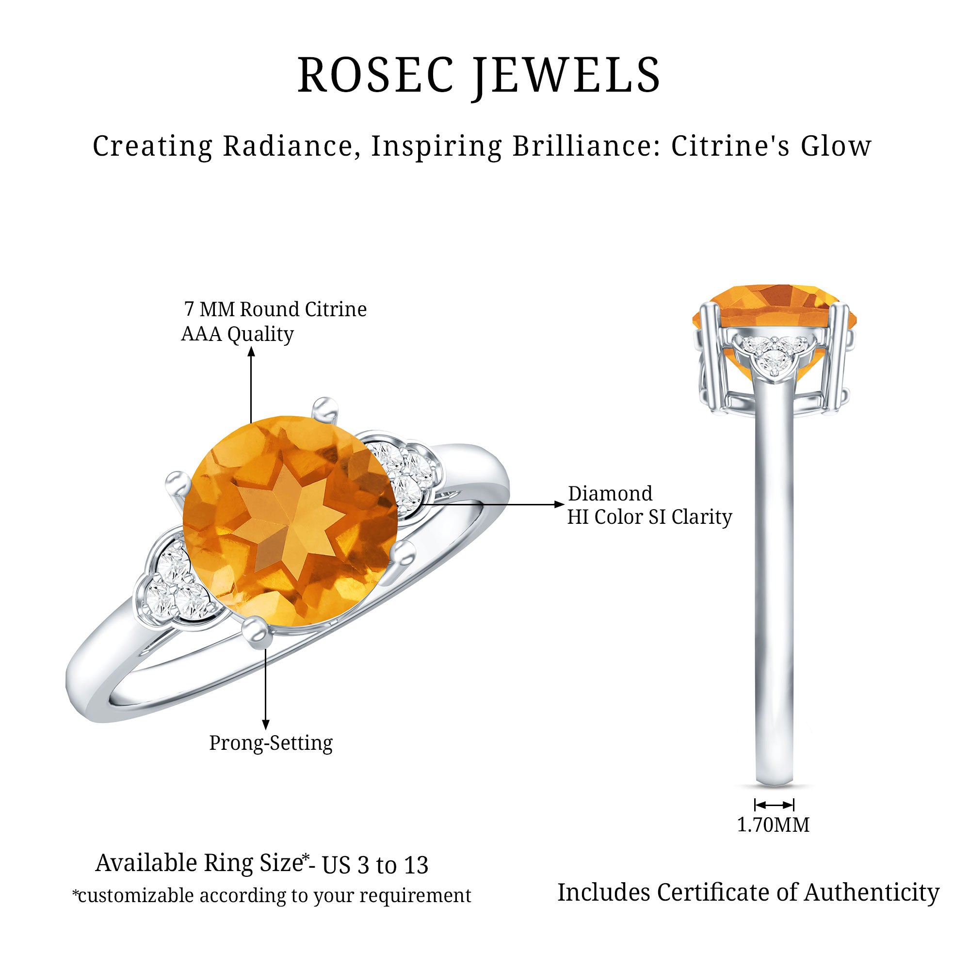 Natural 1.2 Carat Citrine Engagement Ring with Diamond Trio AAA - Rosec Jewels