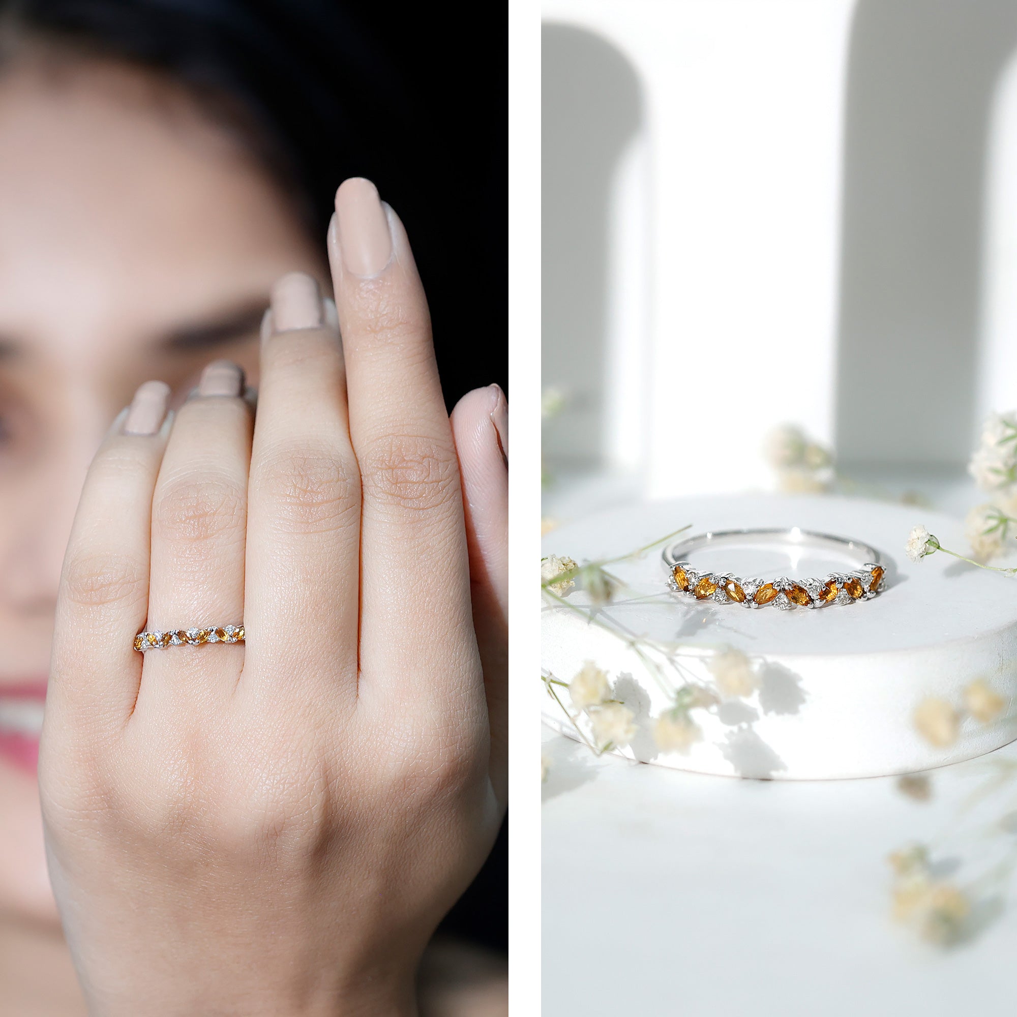 Rosec Jewels-Genuine Marquise Citrine Half Eternity Ring with Diamond