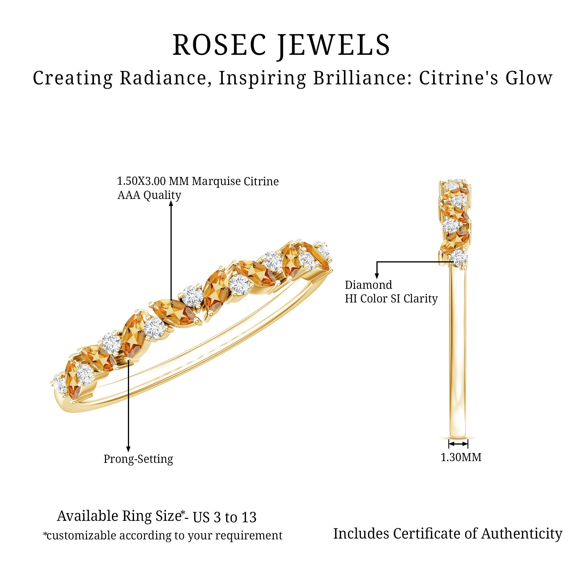 Rosec Jewels-Genuine Marquise Citrine Half Eternity Ring with Diamond