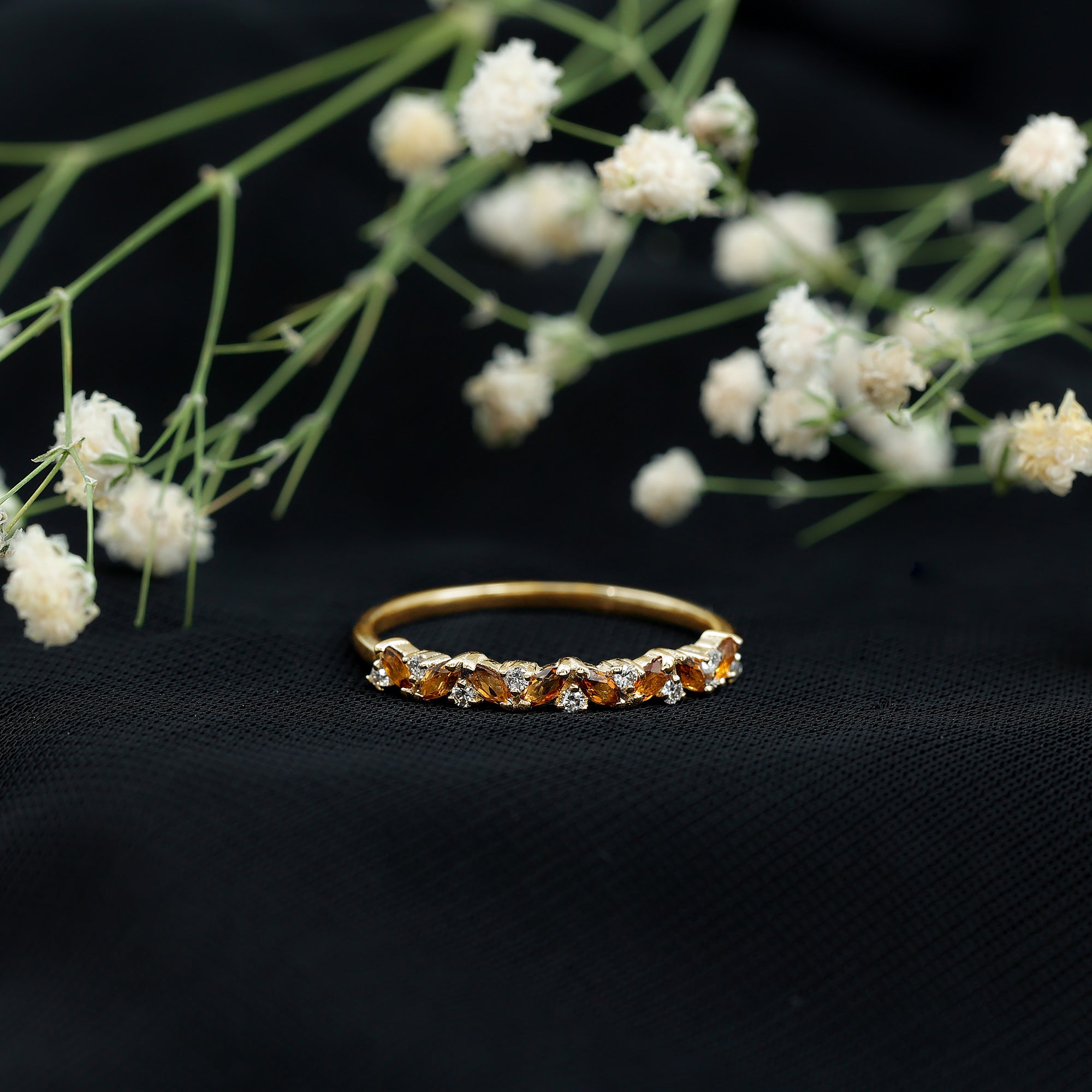 Rosec Jewels-Genuine Marquise Citrine Half Eternity Ring with Diamond