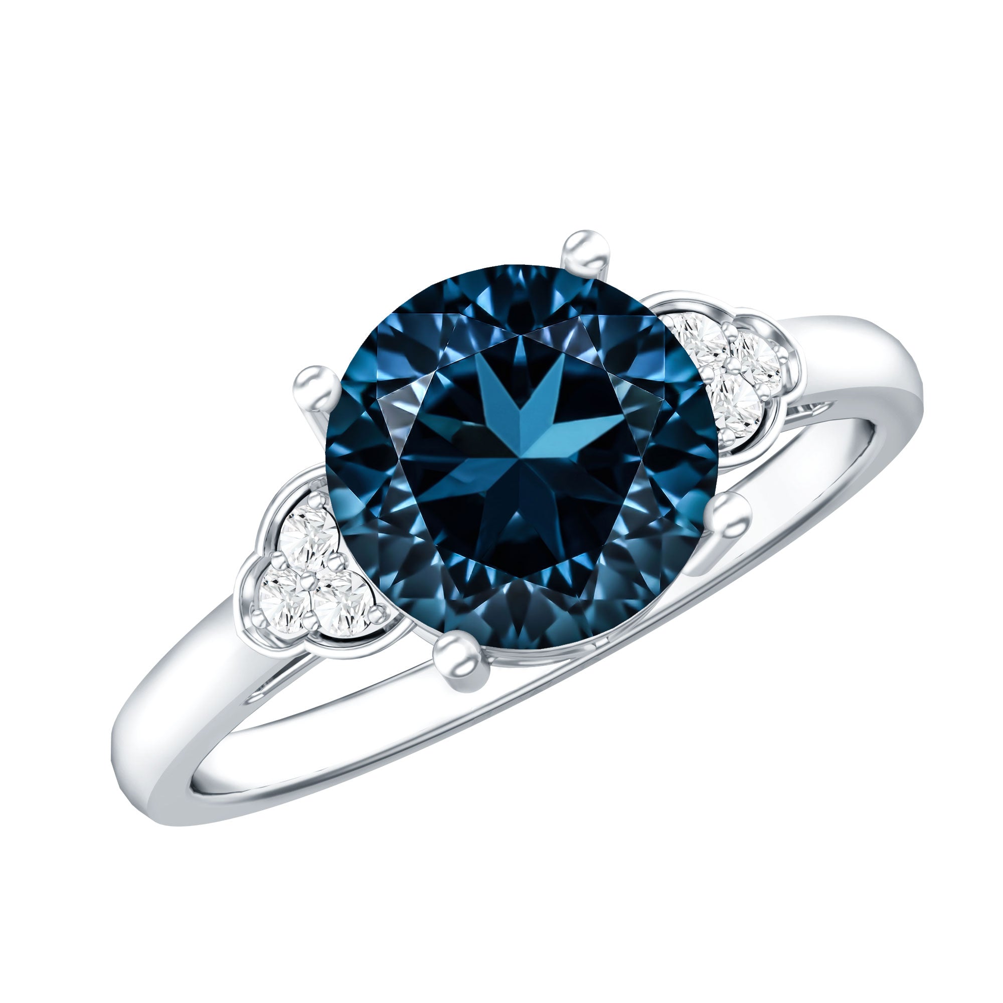 1.3 Carat London Blue Topaz Solitaire Engagement Ring with Diamond Trio AAA - Rosec Jewels