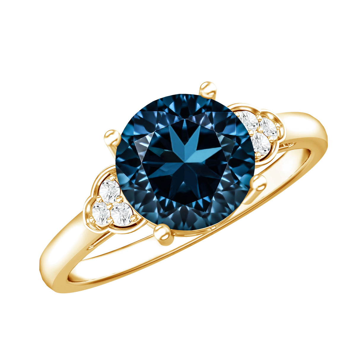 1.3 Carat London Blue Topaz Solitaire Engagement Ring with Diamond Trio AAA - Rosec Jewels