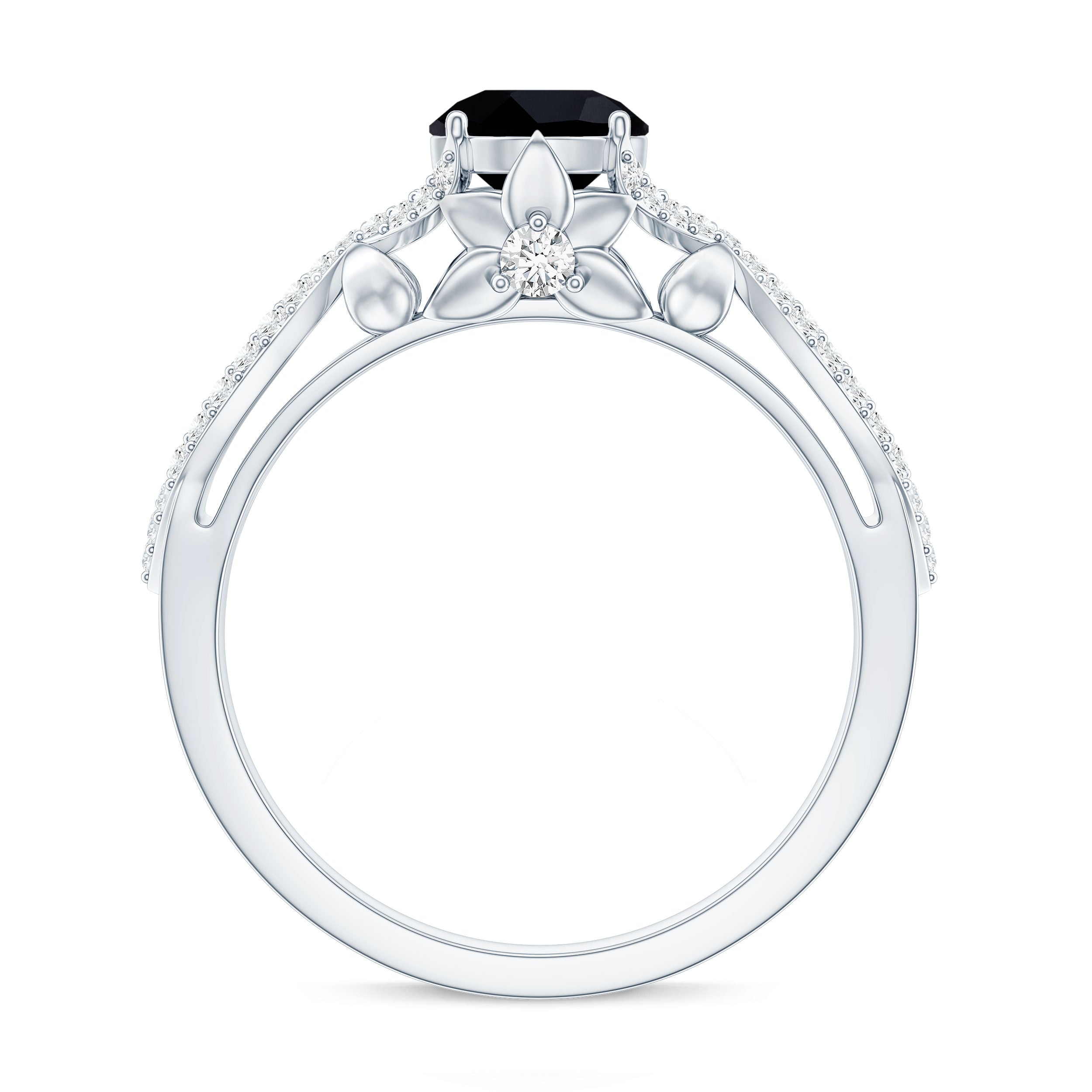 1.3 Carat Lab Grown Black and White Diamond Engagement Ring with Crossover Shank AAAA ( Synthetic ) - Rosec Jewels
