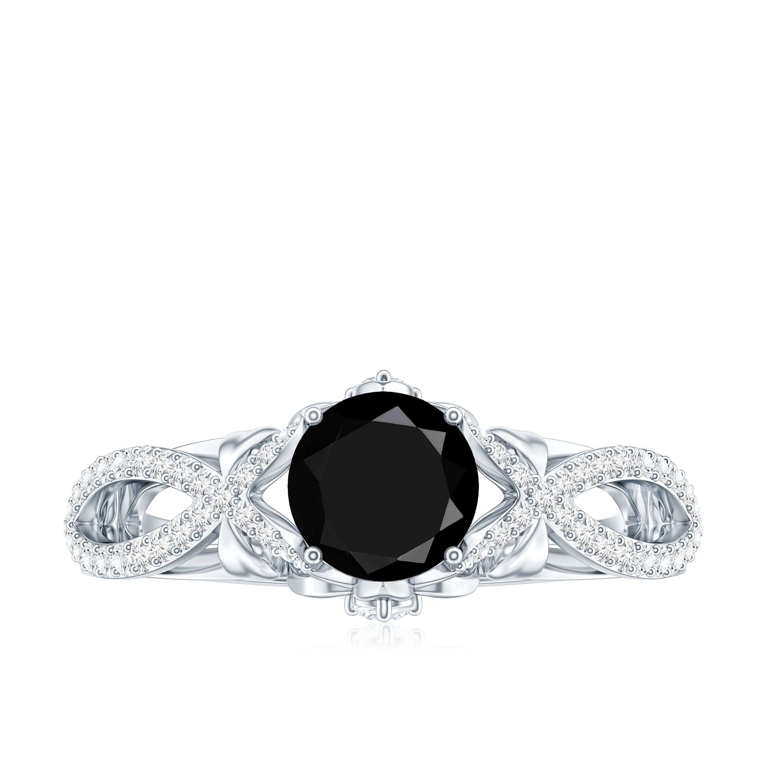 1.3 Carat Lab Grown Black and White Diamond Engagement Ring with Crossover Shank AAAA ( Synthetic ) - Rosec Jewels