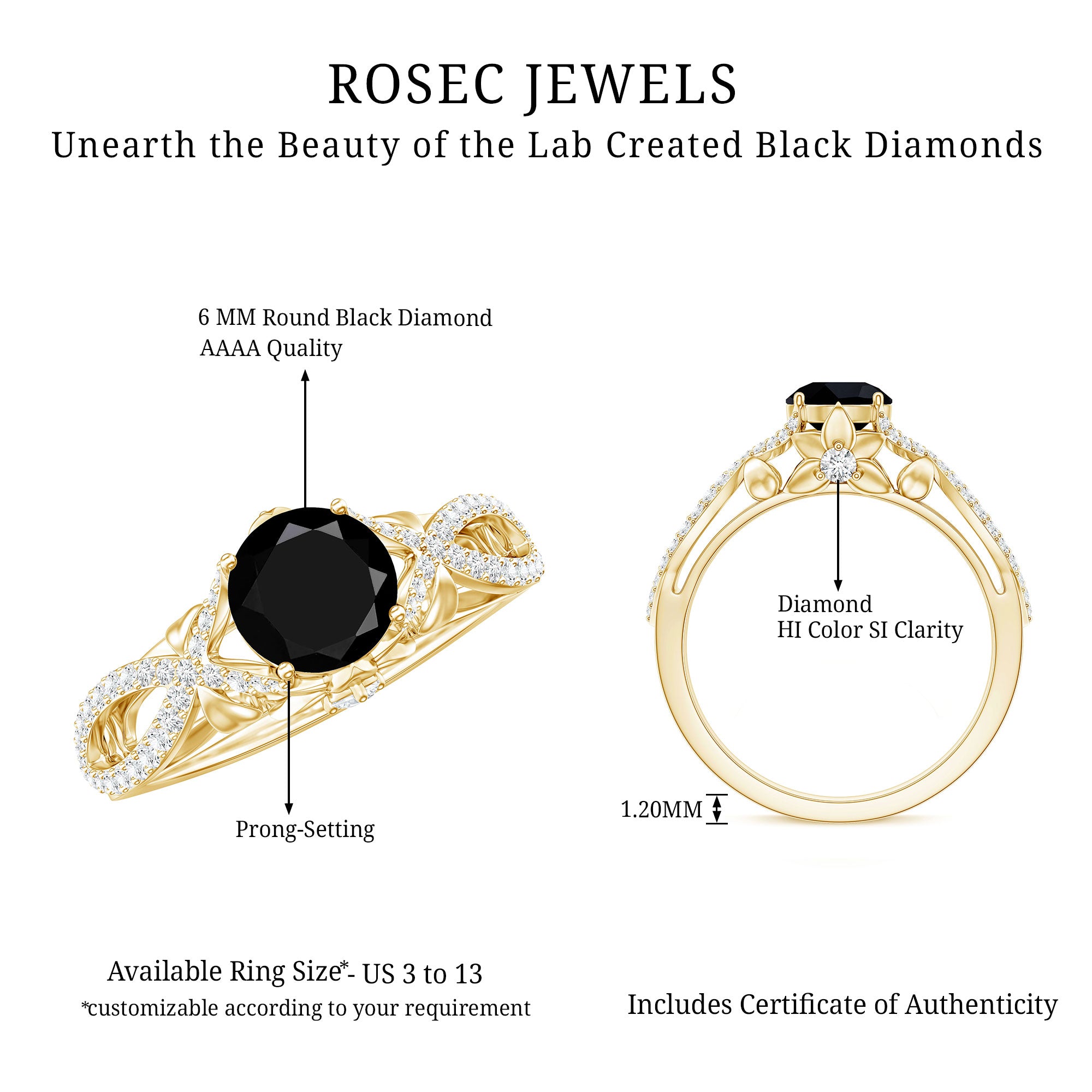 1.3 Carat Lab Grown Black and White Diamond Engagement Ring with Crossover Shank AAAA ( Synthetic ) - Rosec Jewels