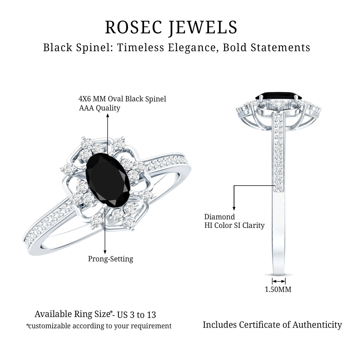 Vintage Looking Black Spinel Oval Engagement Ring with Diamond AAA - Rosec Jewels