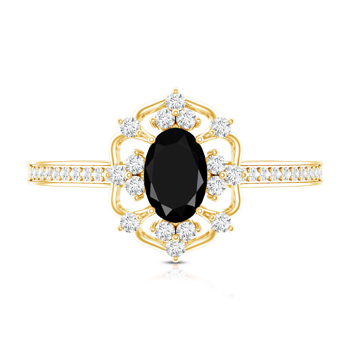 Vintage Looking Black Spinel Oval Engagement Ring with Diamond AAA - Rosec Jewels