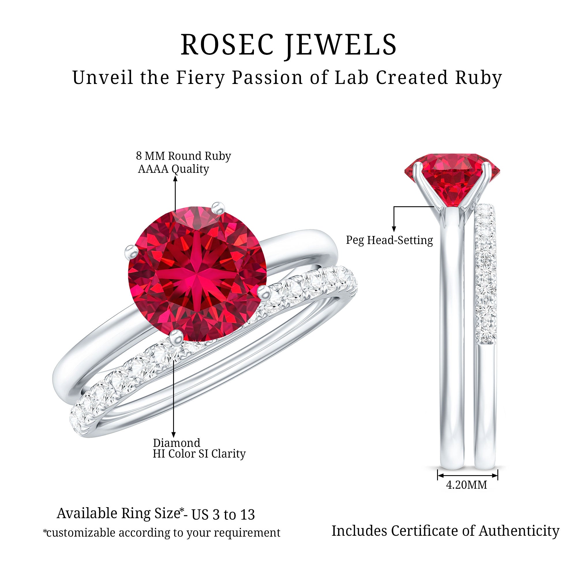 3 CT Solitaire Created Ruby Wedding Ring Set with Diamond AAAA - Rosec Jewels
