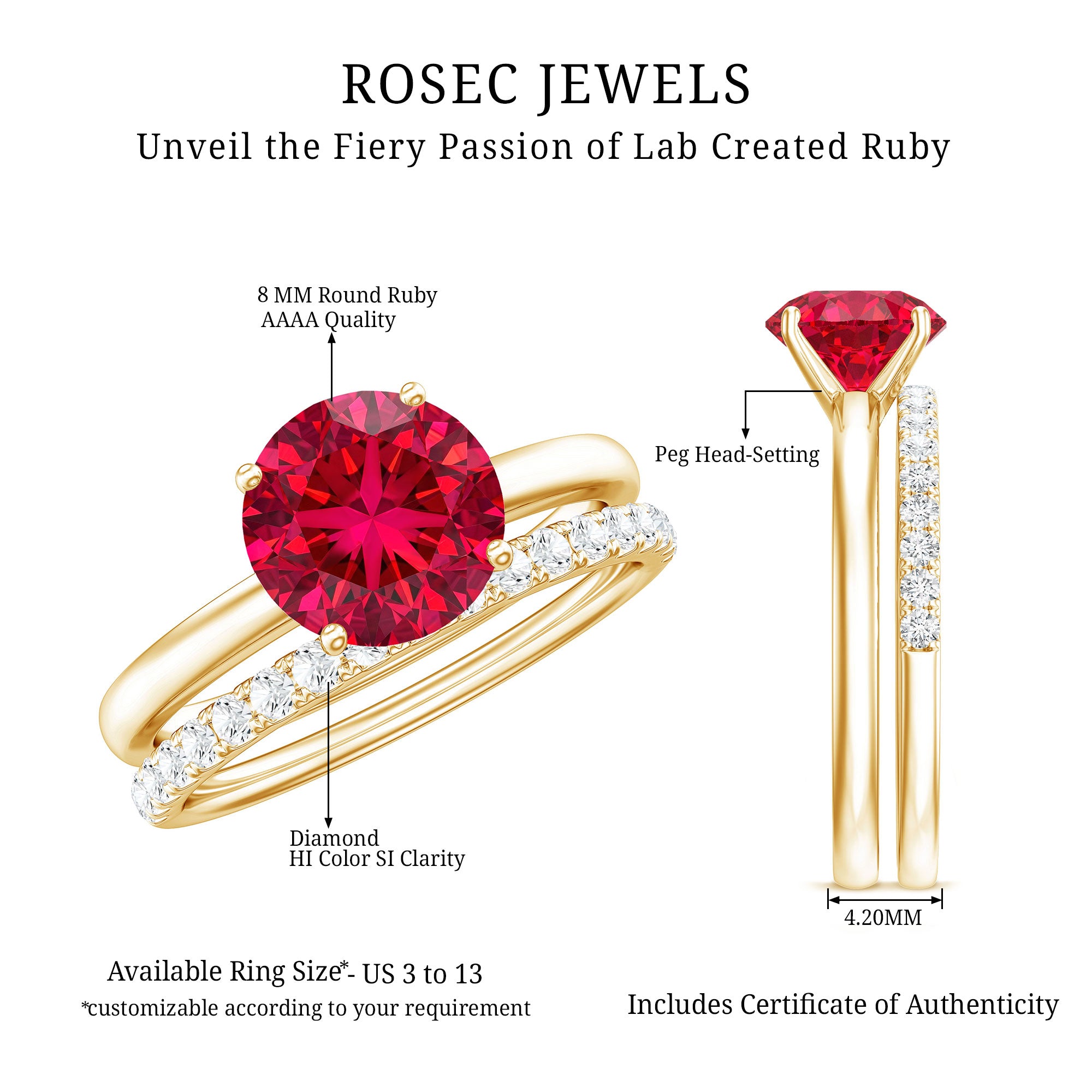 3 CT Solitaire Created Ruby Wedding Ring Set with Diamond AAAA - Rosec Jewels