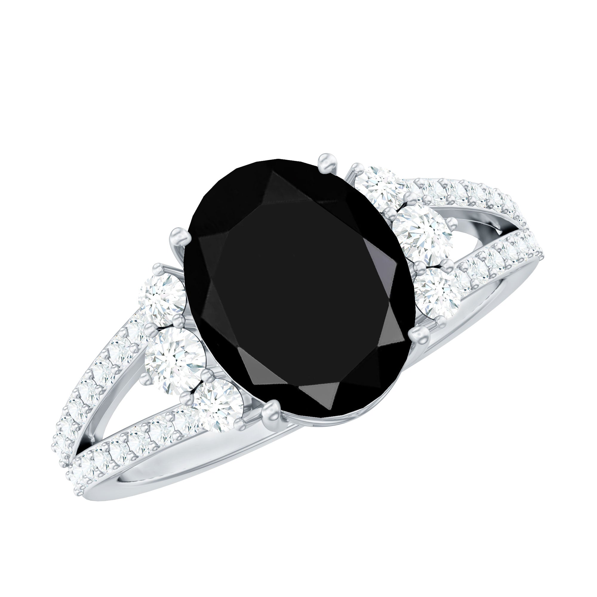 4.2 Carat Lab Grown Black Diamond Oval Engagement Ring with White Diamond Split Shank AAAA ( Synthetic ) - Rosec Jewels