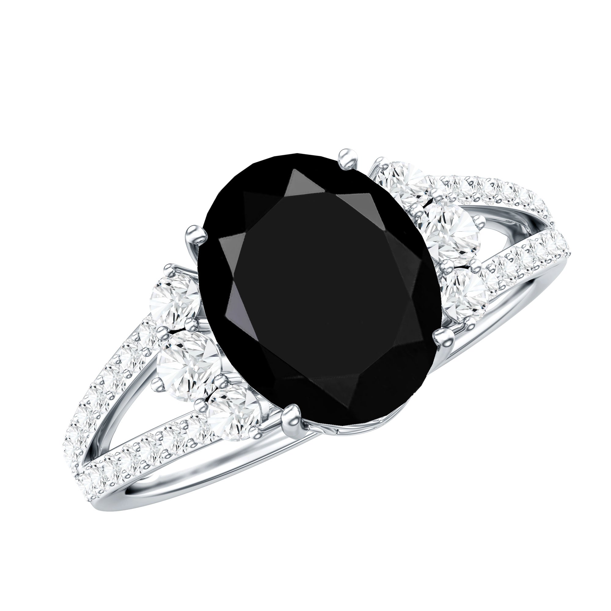 4.2 Carat Lab Grown Black Diamond Oval Engagement Ring with White Diamond Split Shank AAAA ( Synthetic ) - Rosec Jewels