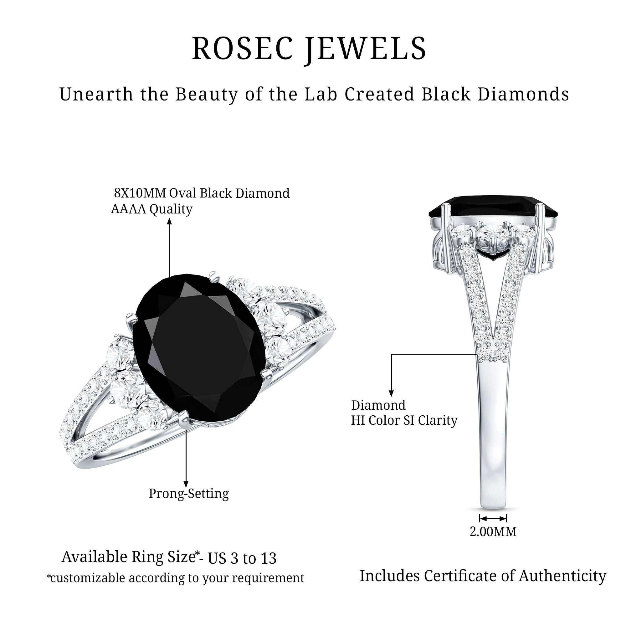 4.2 Carat Lab Grown Black Diamond Oval Engagement Ring with White Diamond Split Shank AAAA ( Synthetic ) - Rosec Jewels