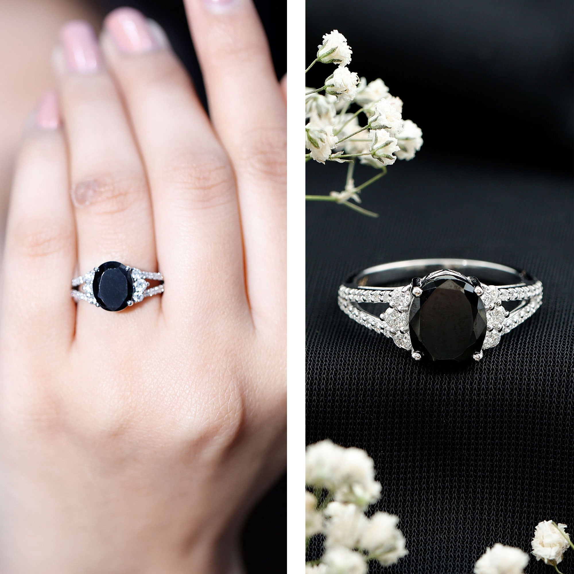 4.2 Carat Lab Grown Black Diamond Oval Engagement Ring with White Diamond Split Shank AAAA ( Synthetic ) - Rosec Jewels