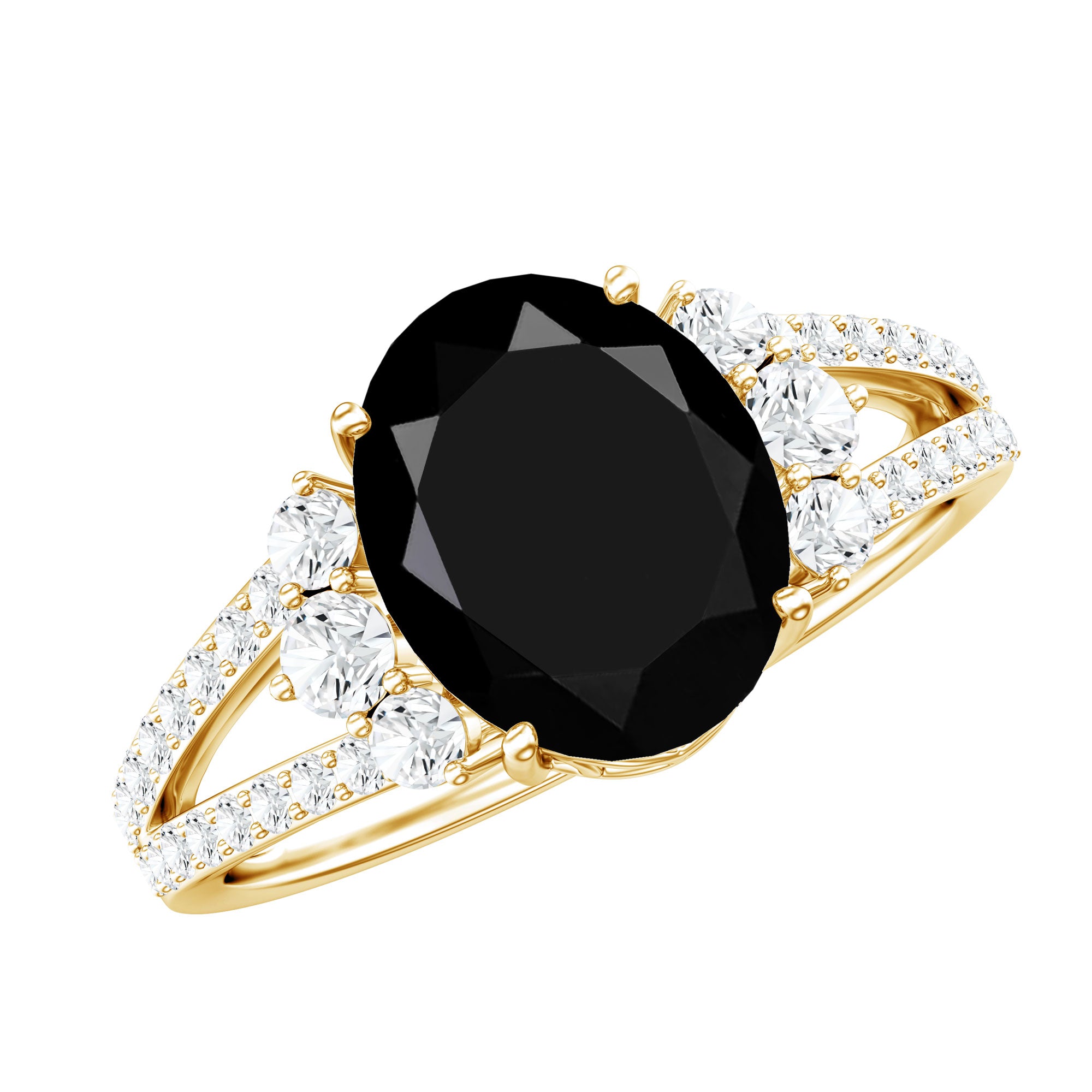 4.2 Carat Lab Grown Black Diamond Oval Engagement Ring with White Diamond Split Shank AAAA ( Synthetic ) - Rosec Jewels