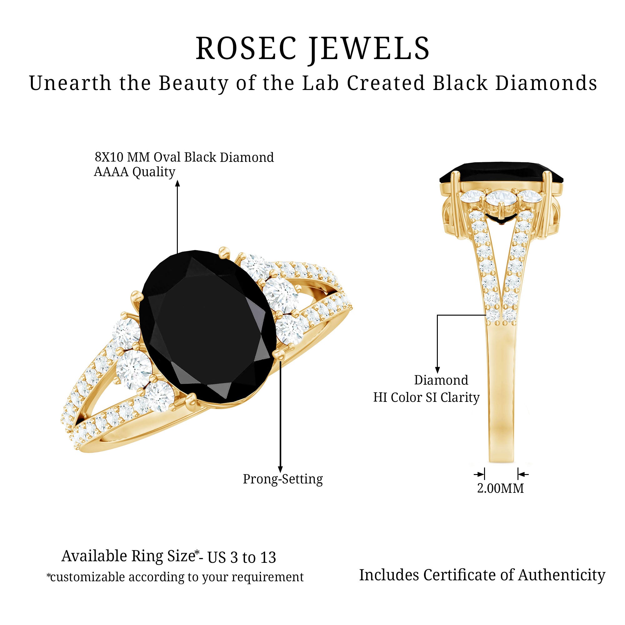 4.2 Carat Lab Grown Black Diamond Oval Engagement Ring with White Diamond Split Shank AAAA ( Synthetic ) - Rosec Jewels