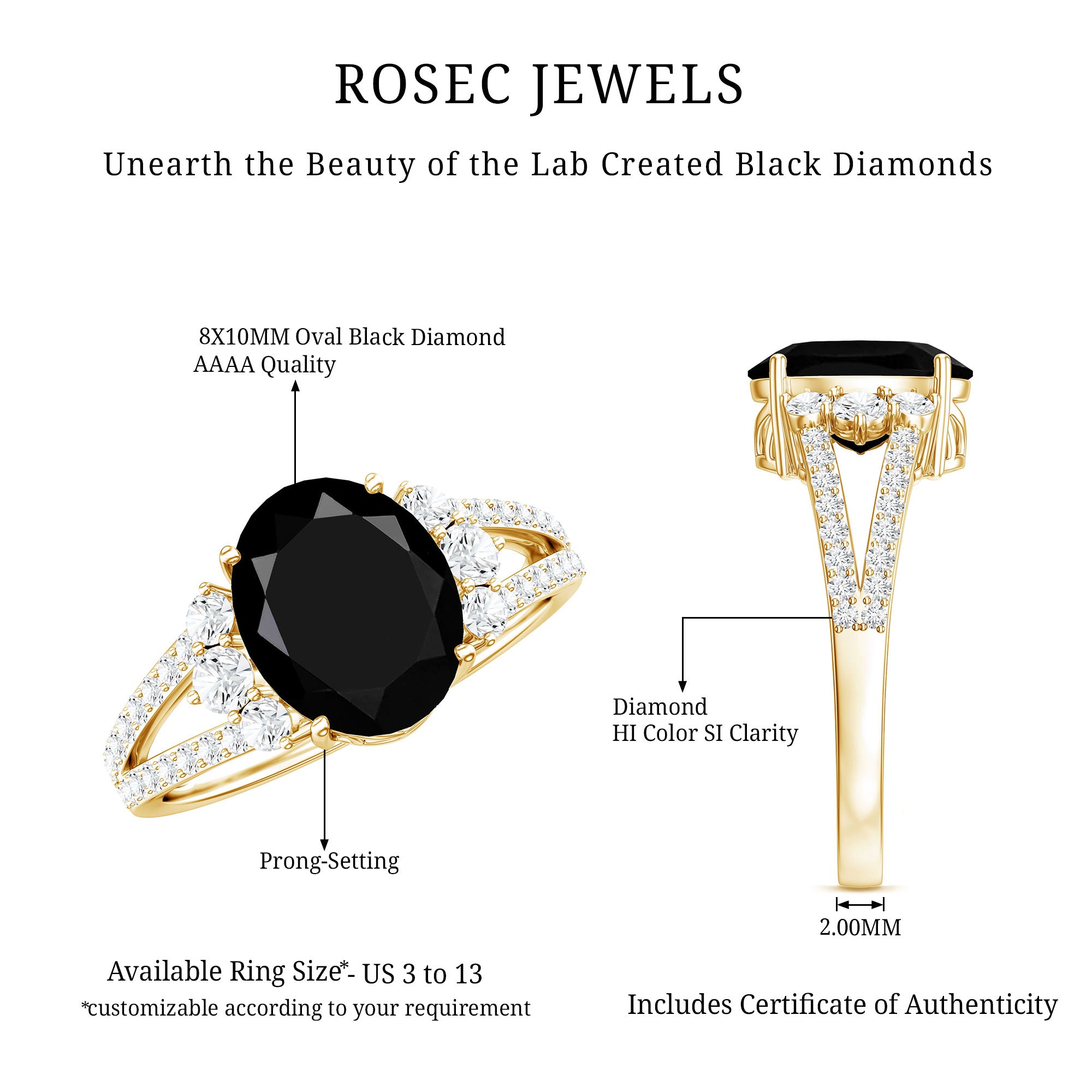 4.2 Carat Lab Grown Black Diamond Oval Engagement Ring with White Diamond Split Shank AAAA ( Synthetic ) - Rosec Jewels