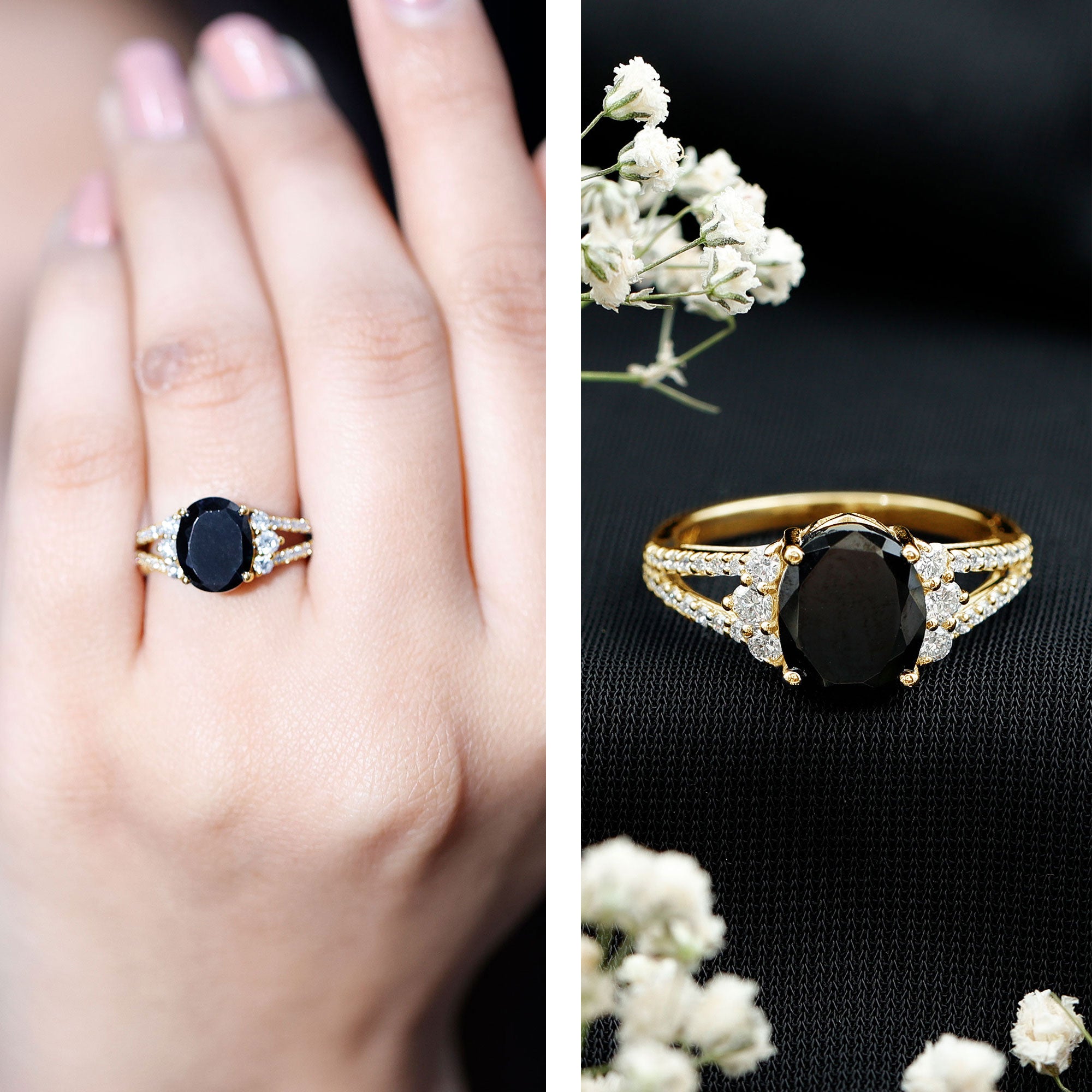 4.2 Carat Lab Grown Black Diamond Oval Engagement Ring with White Diamond Split Shank AAAA ( Synthetic ) - Rosec Jewels