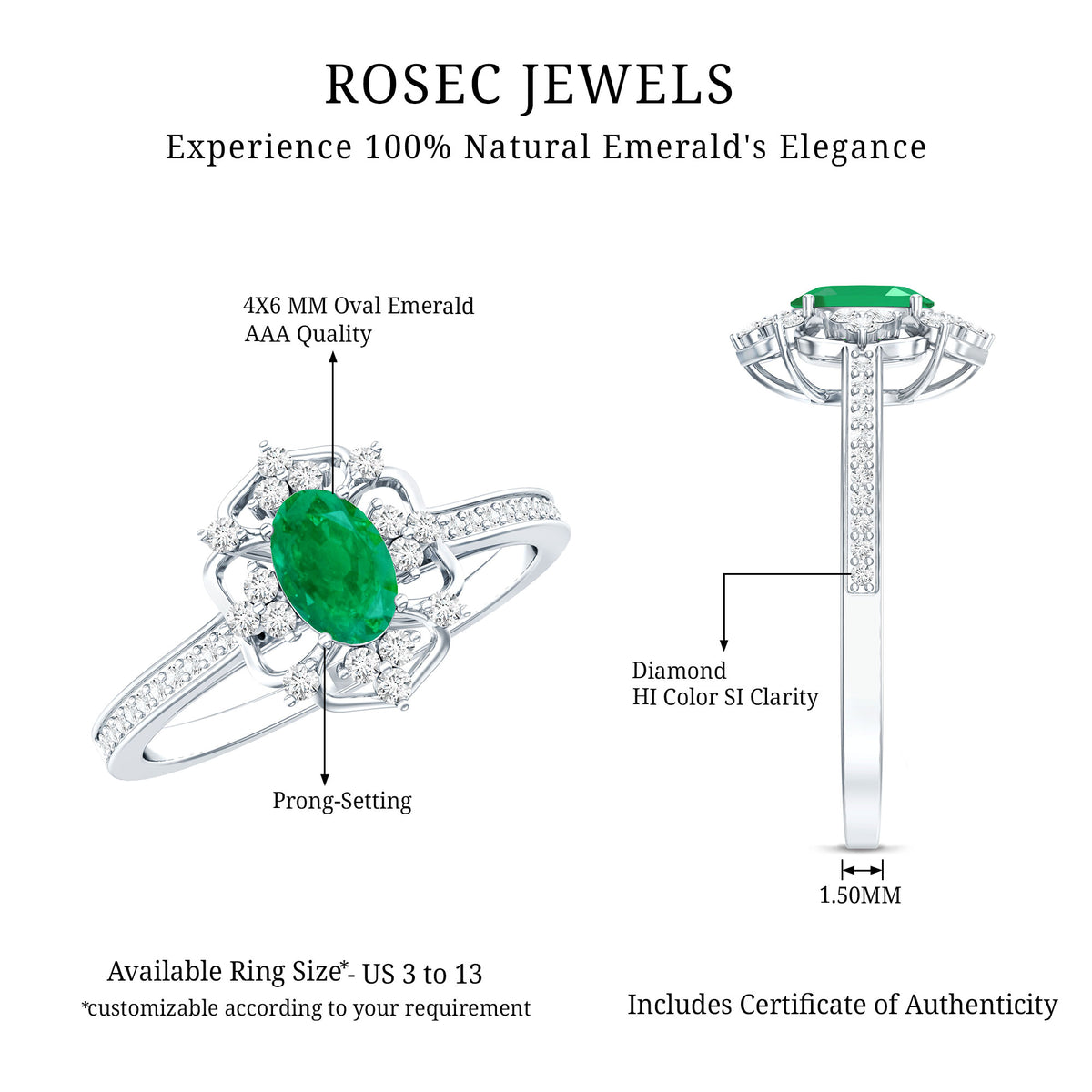 Vintage Style Emerald and Diamond Oval Engagement Ring AAA - Rosec Jewels