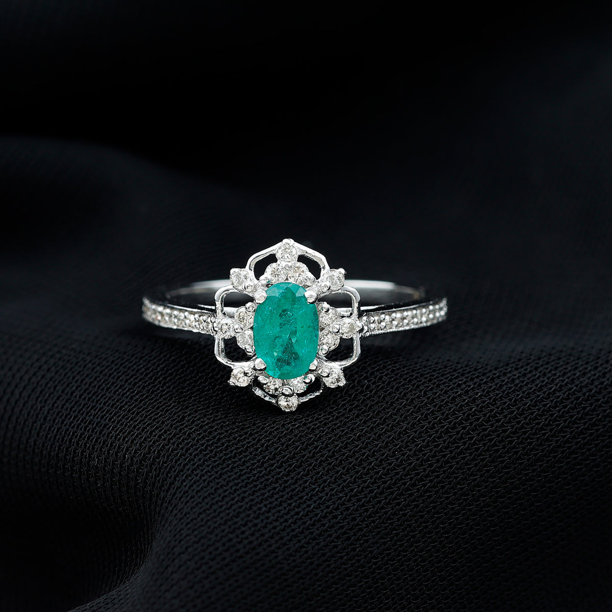 Vintage Style Emerald and Diamond Oval Engagement Ring AAA - Rosec Jewels