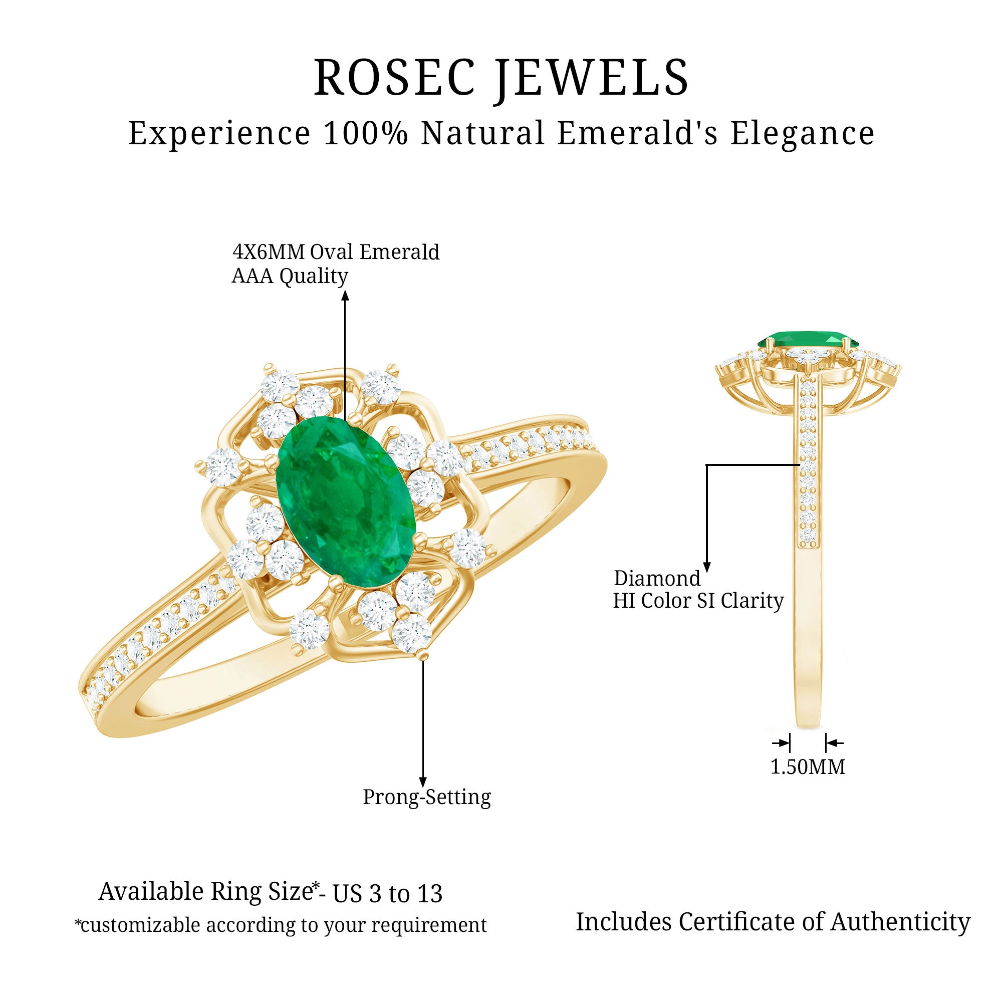 Rosec Jewels-Vintage Style Emerald and Diamond Oval Engagement Ring