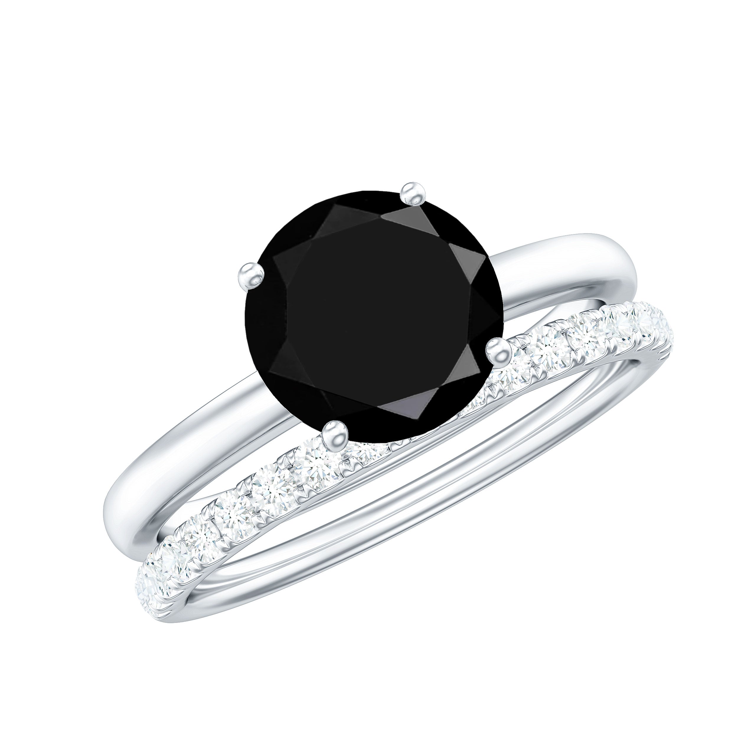 Natural 8mm Black Onyx Solitaire Engagement Rings with Diamond Enhancer AAA - Rosec Jewels