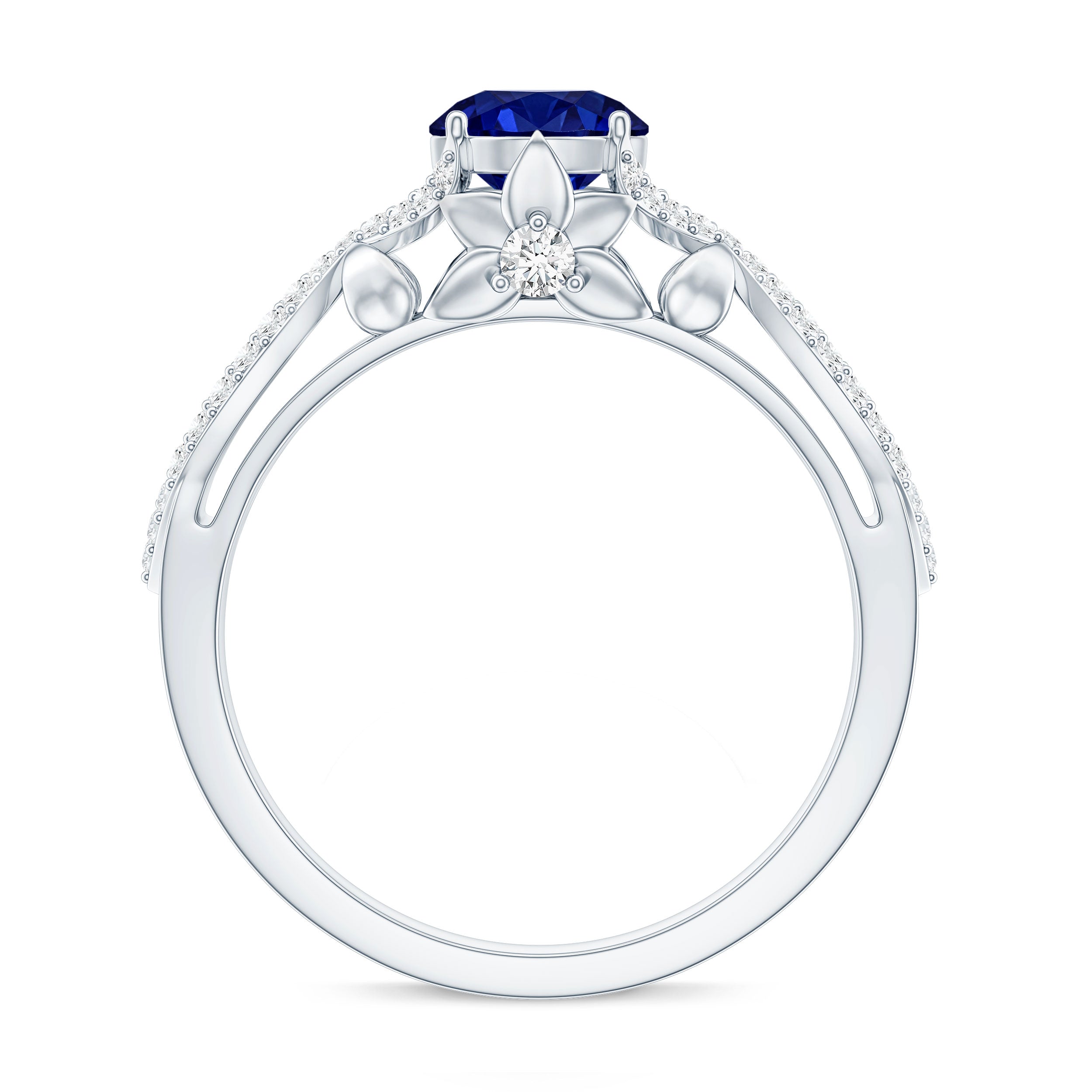 1 Carat Lab Grown Blue Sapphire Engagement Ring with Diamond Crossover Shank AAAA - Rosec Jewels