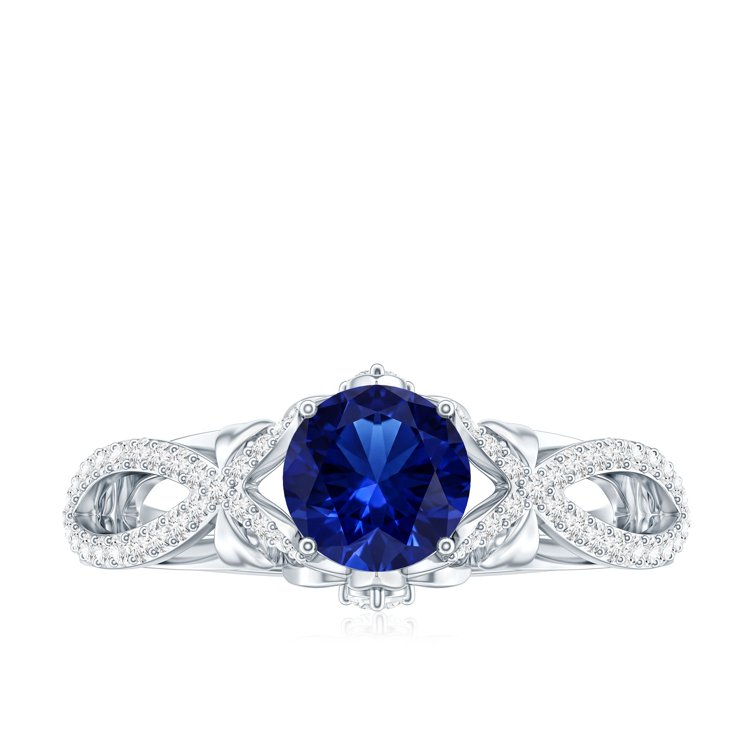 1 Carat Lab Grown Blue Sapphire Engagement Ring with Diamond Crossover Shank AAAA - Rosec Jewels