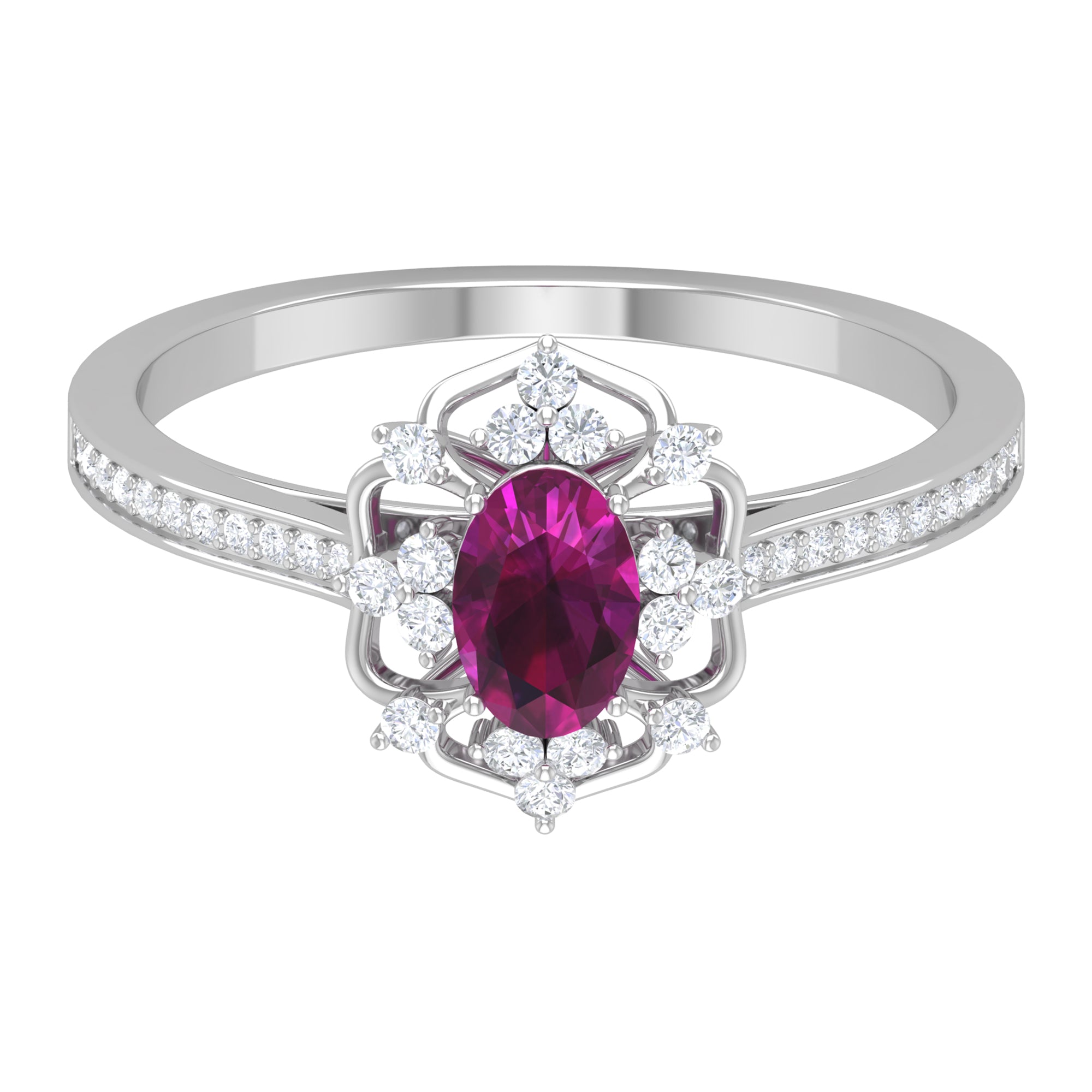 Vintage Style Rhodolite and Diamond Flower Engagement Ring