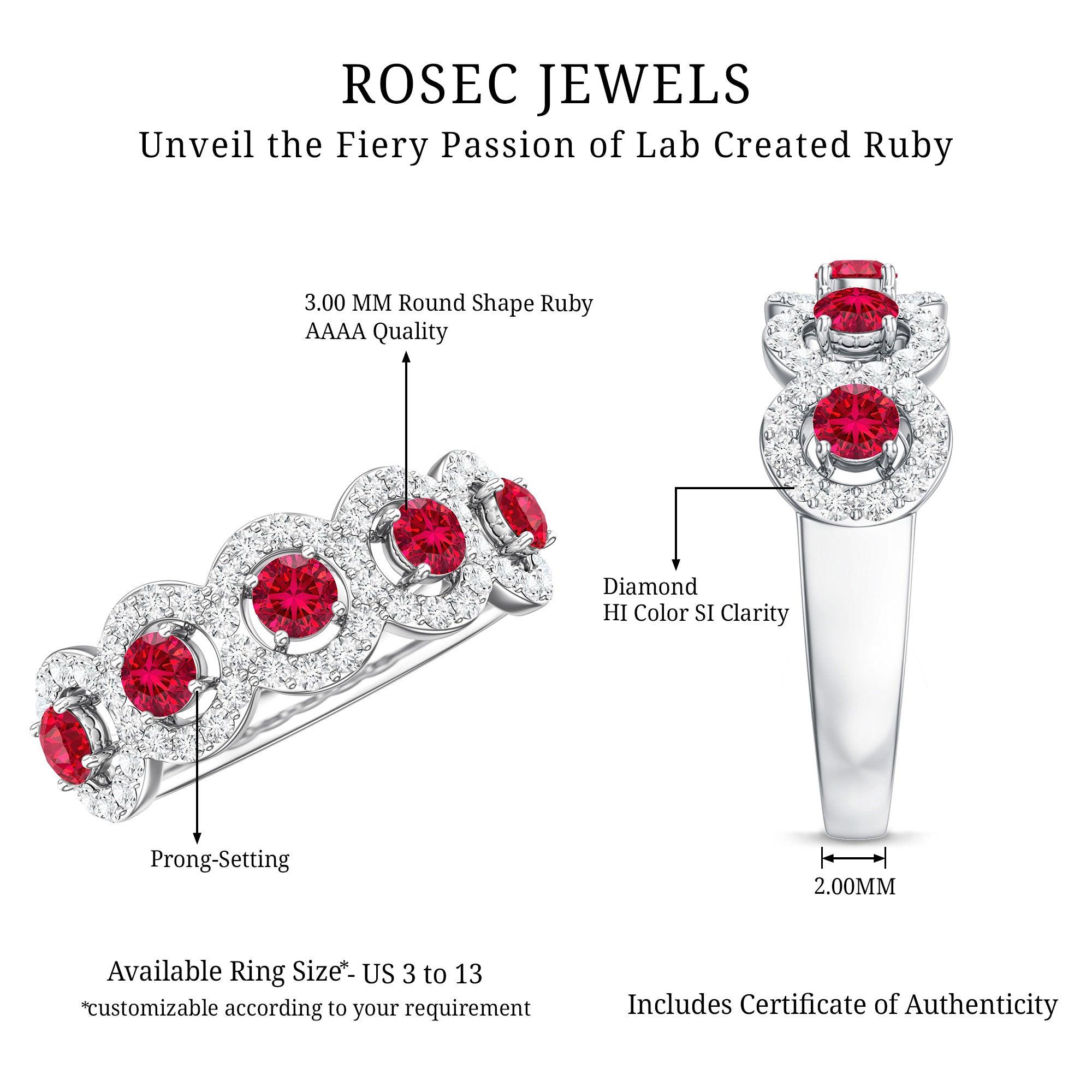 Classic Lab Grown Ruby and Diamond Halo Half Eternity Ring AAAA - Rosec Jewels
