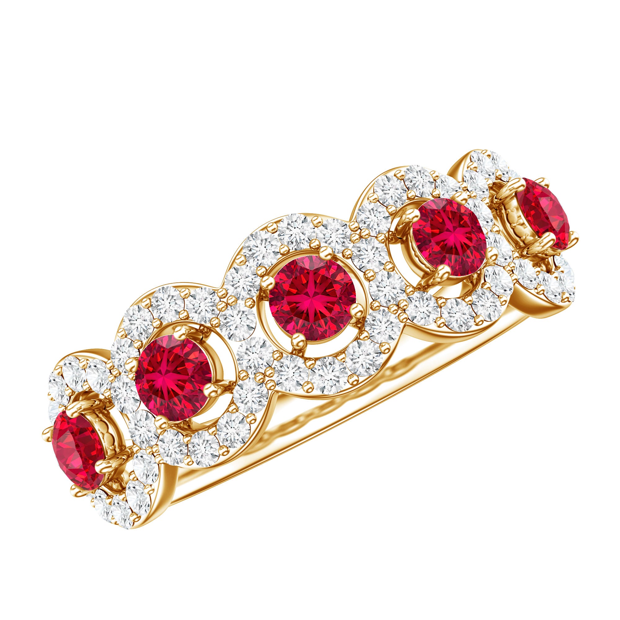 Classic Lab Grown Ruby and Diamond Halo Half Eternity Ring AAAA - Rosec Jewels