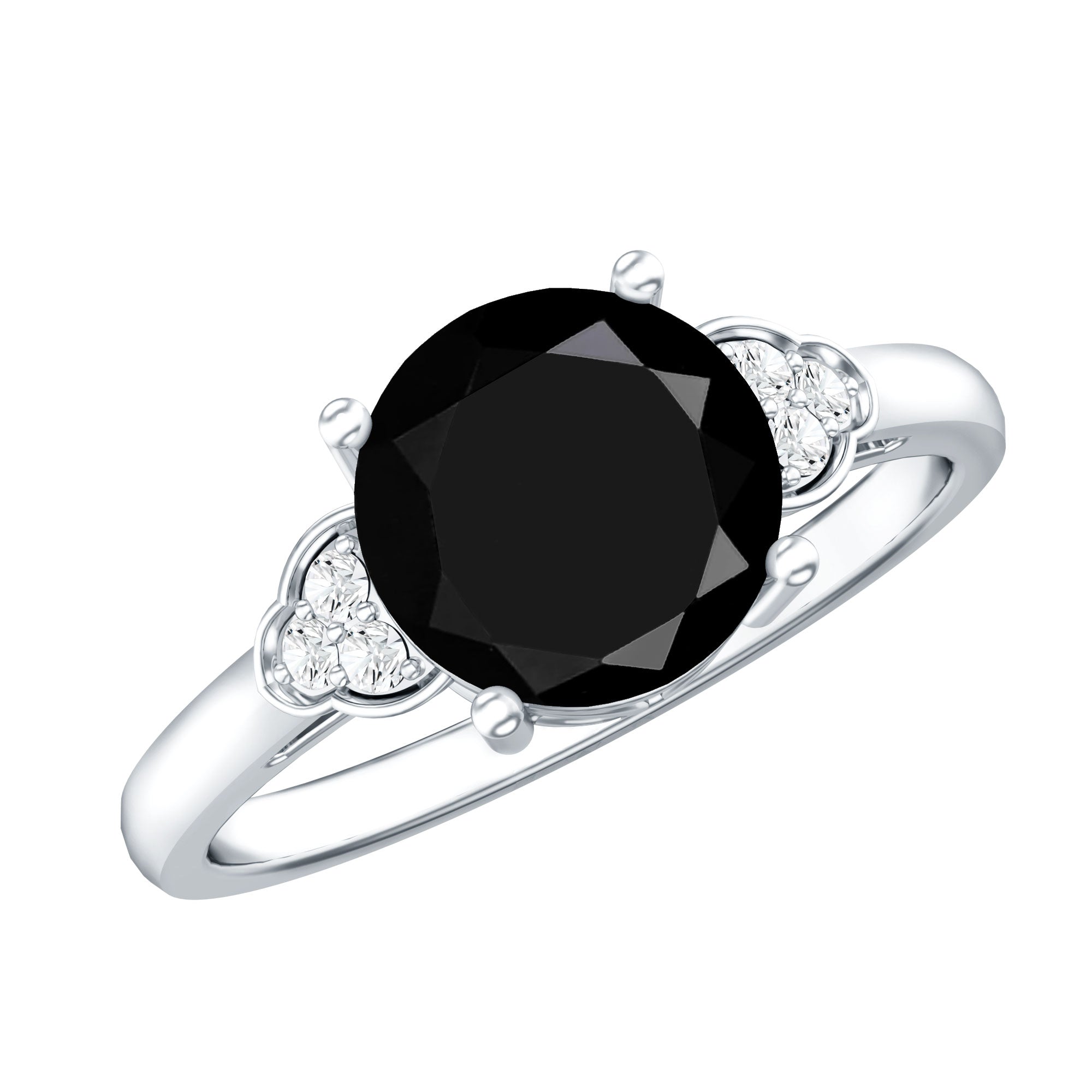 Real Black Onyx Solitaire Engagement Ring with Diamond Trio AAA - Rosec Jewels