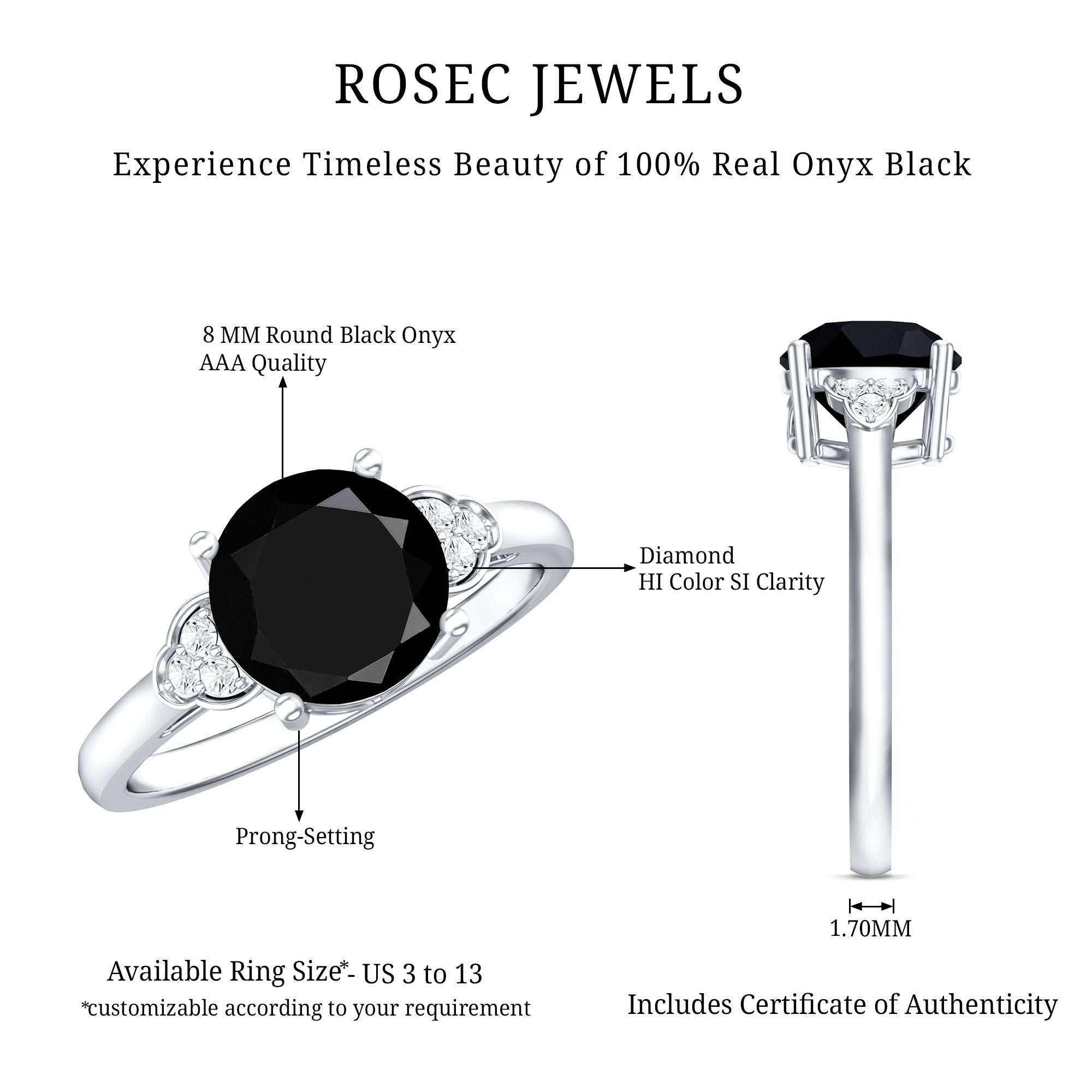Real Black Onyx Solitaire Engagement Ring with Diamond Trio AAA - Rosec Jewels