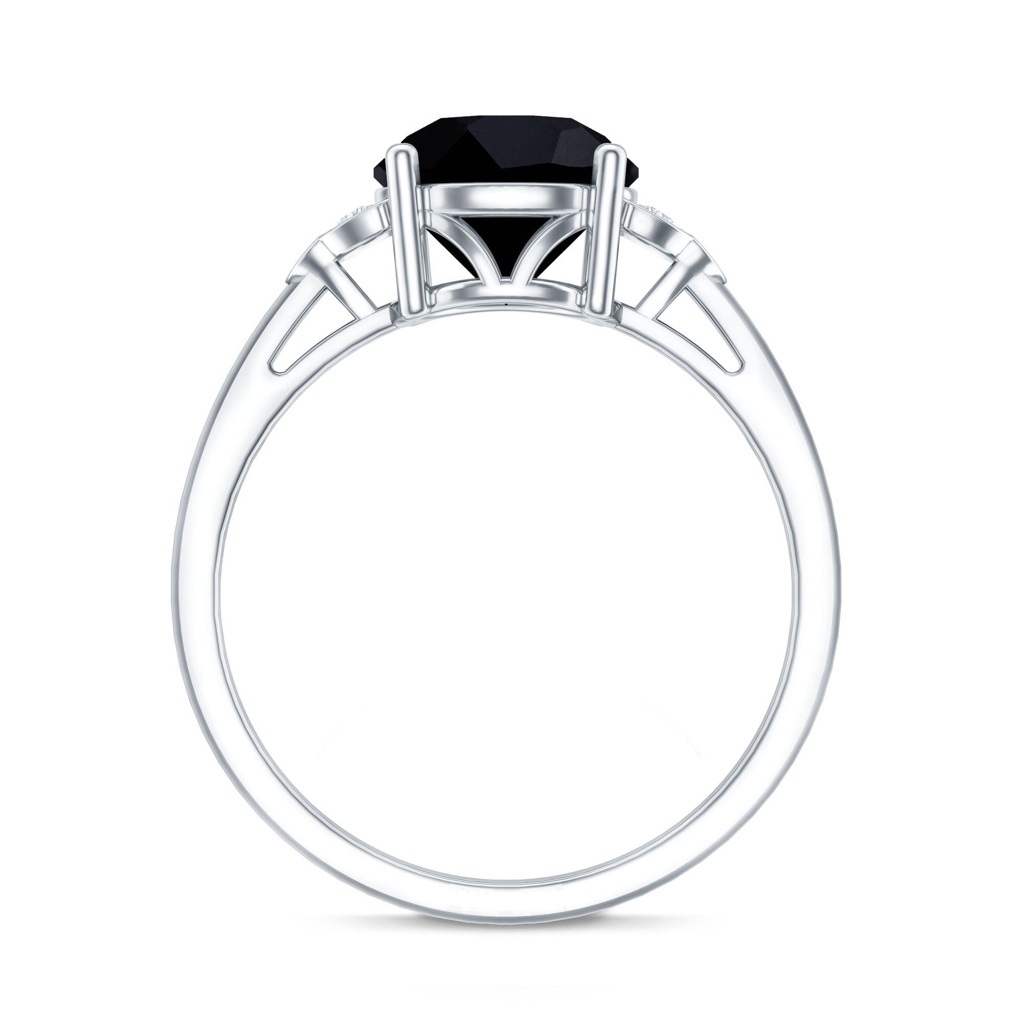 Real Black Onyx Solitaire Engagement Ring with Diamond Trio AAA - Rosec Jewels
