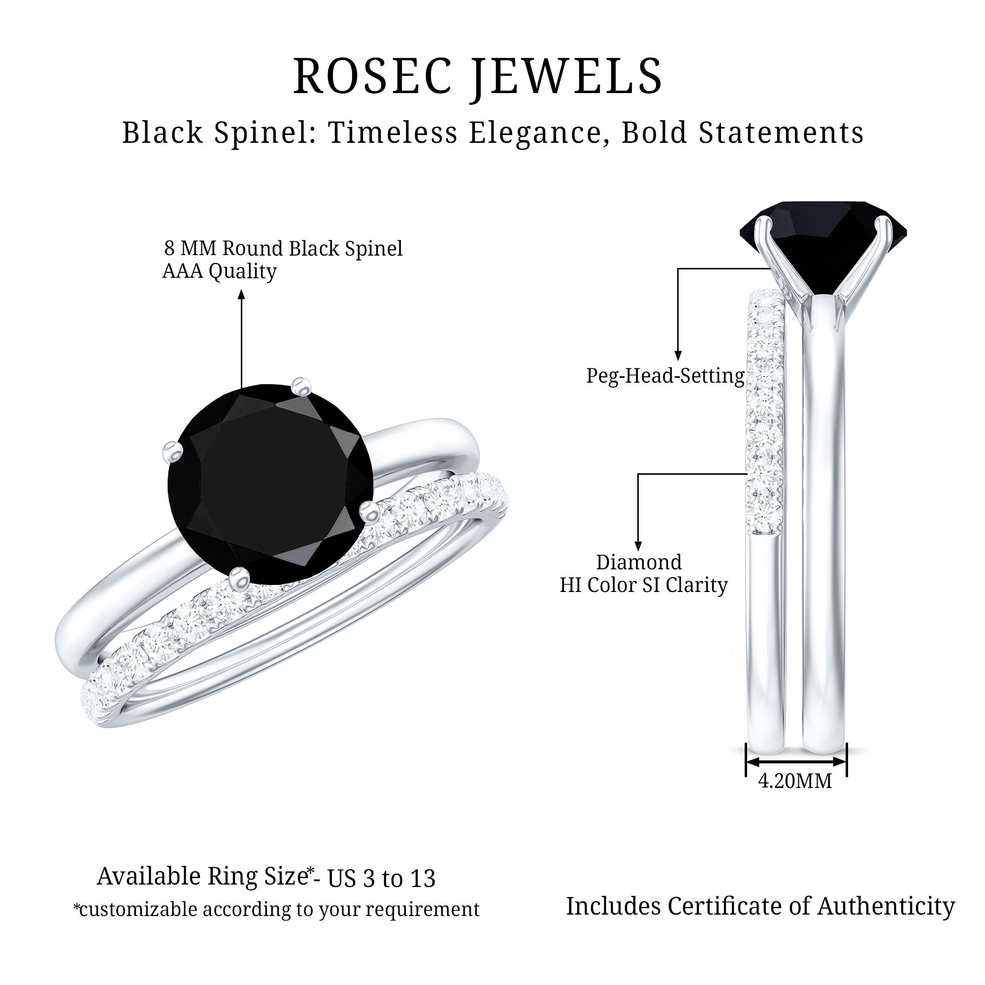 Natural Black Spinel Wedding Engagement Ring Set with Diamond AAA - Rosec Jewels