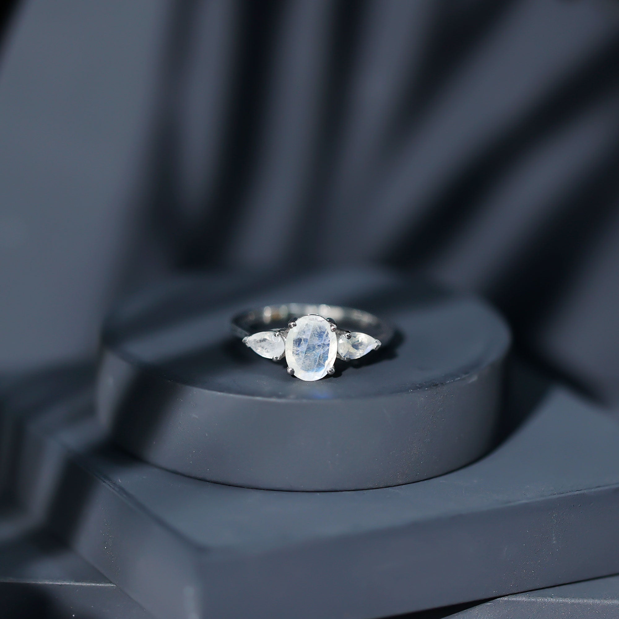 Natural Moonstone Three Stone Engagement Ring AAA - Rosec Jewels