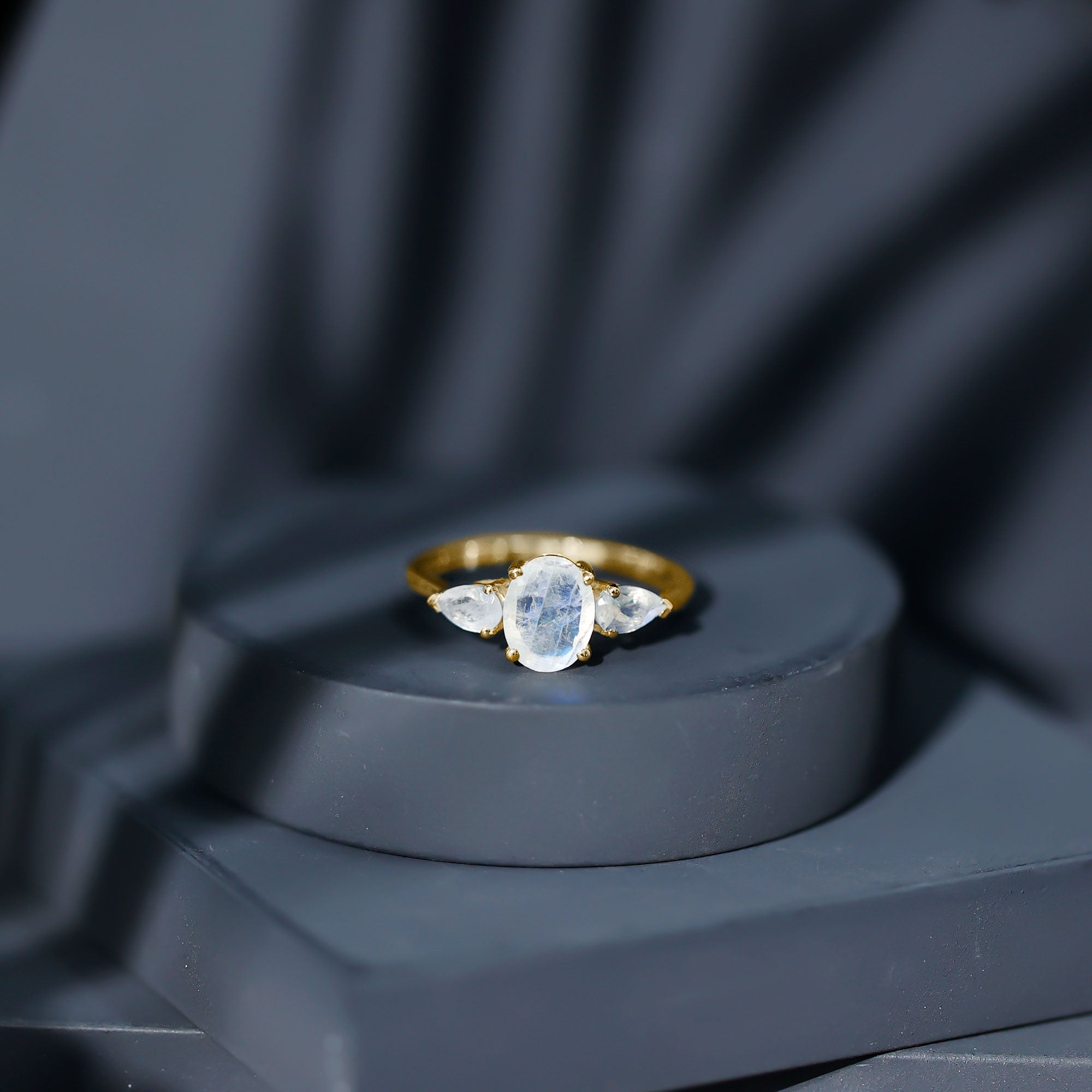 Natural Moonstone Three Stone Engagement Ring AAA - Rosec Jewels