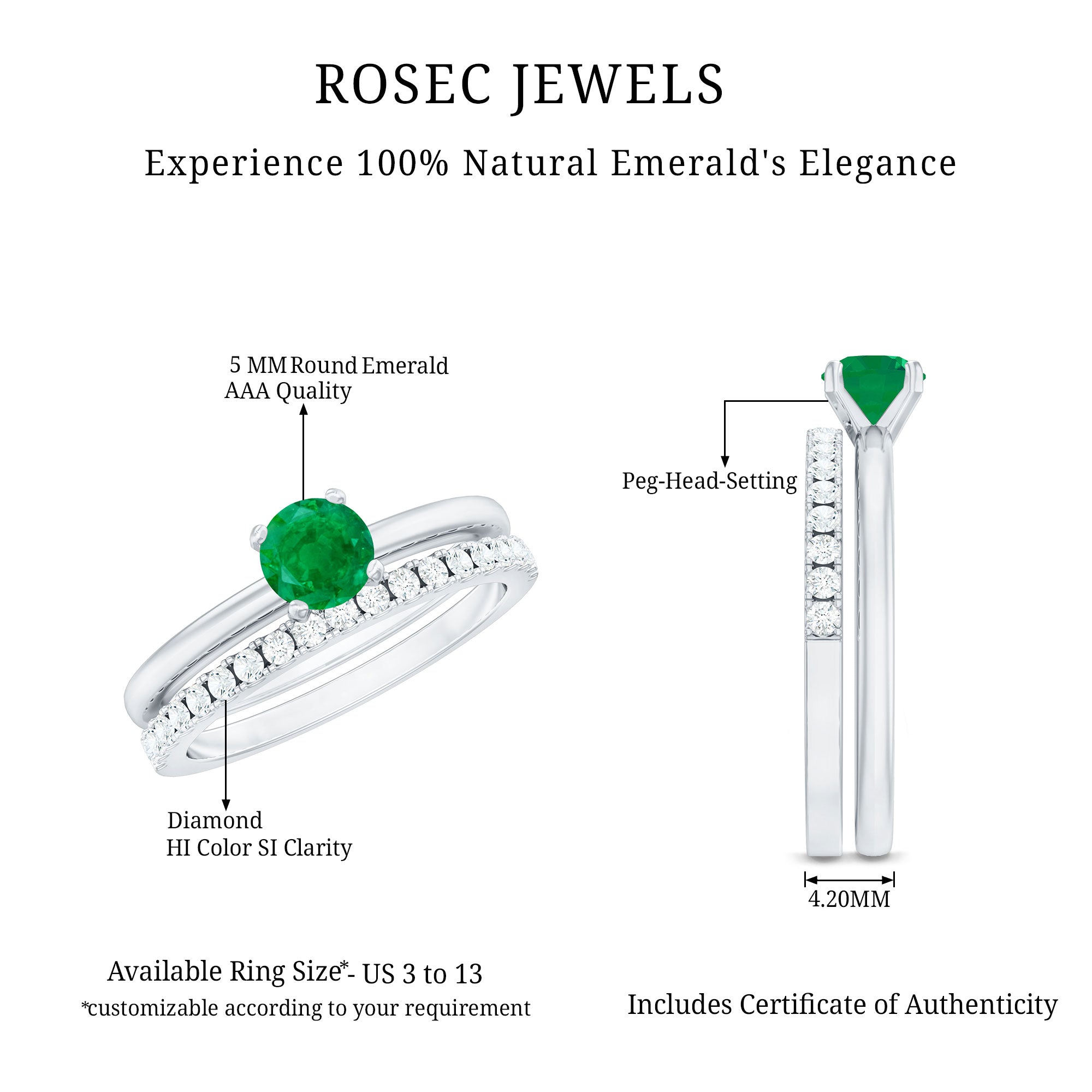 Certified Real Emerald Solitaire Engagement Ring with Diamond Enhancer AAA - Rosec Jewels