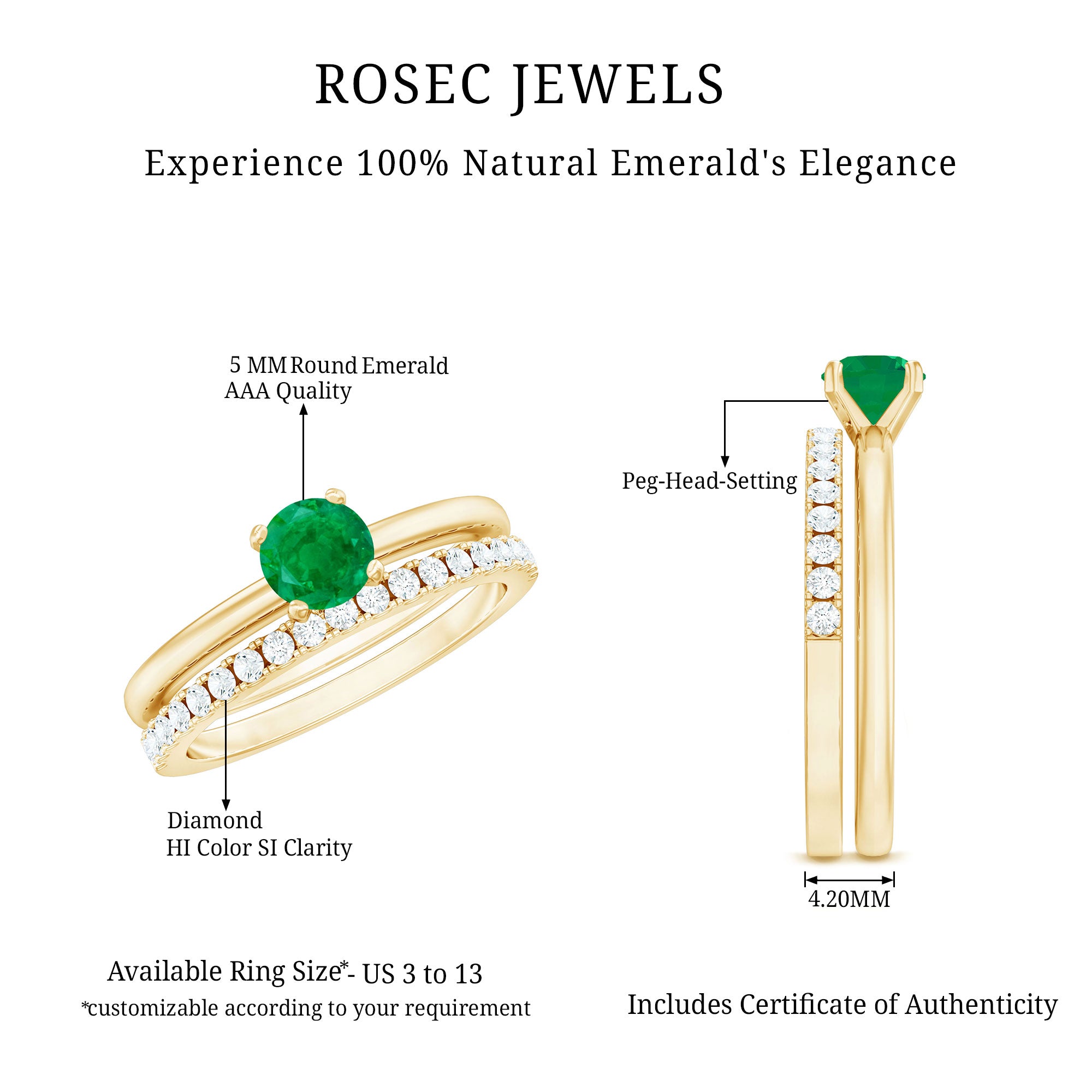 Certified Real Emerald Solitaire Engagement Ring with Diamond Enhancer AAA - Rosec Jewels