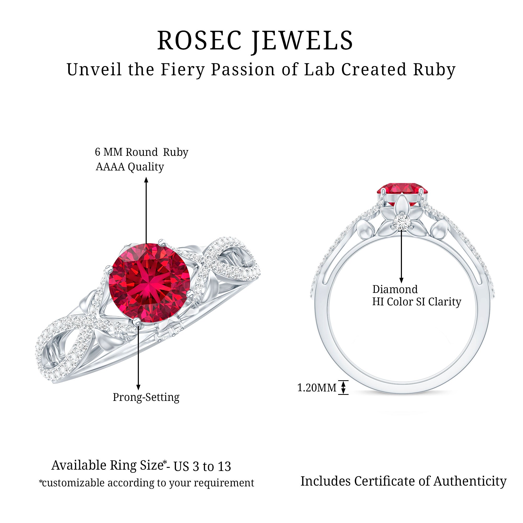 Classic Created Ruby and Diamond Crossover Engagement Ring with Diamond AAAA - Rosec Jewels