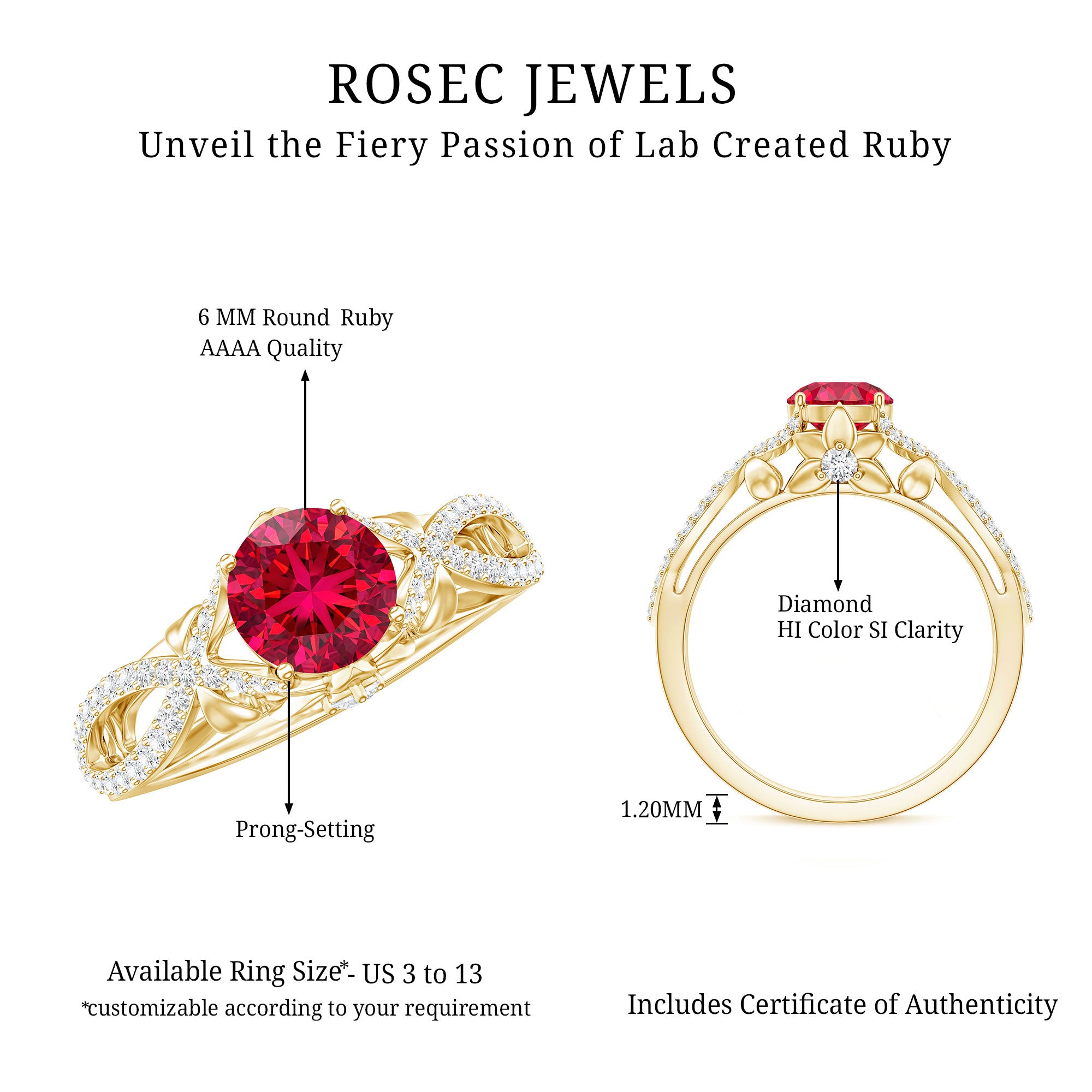 Classic Created Ruby and Diamond Crossover Engagement Ring with Diamond AAAA - Rosec Jewels